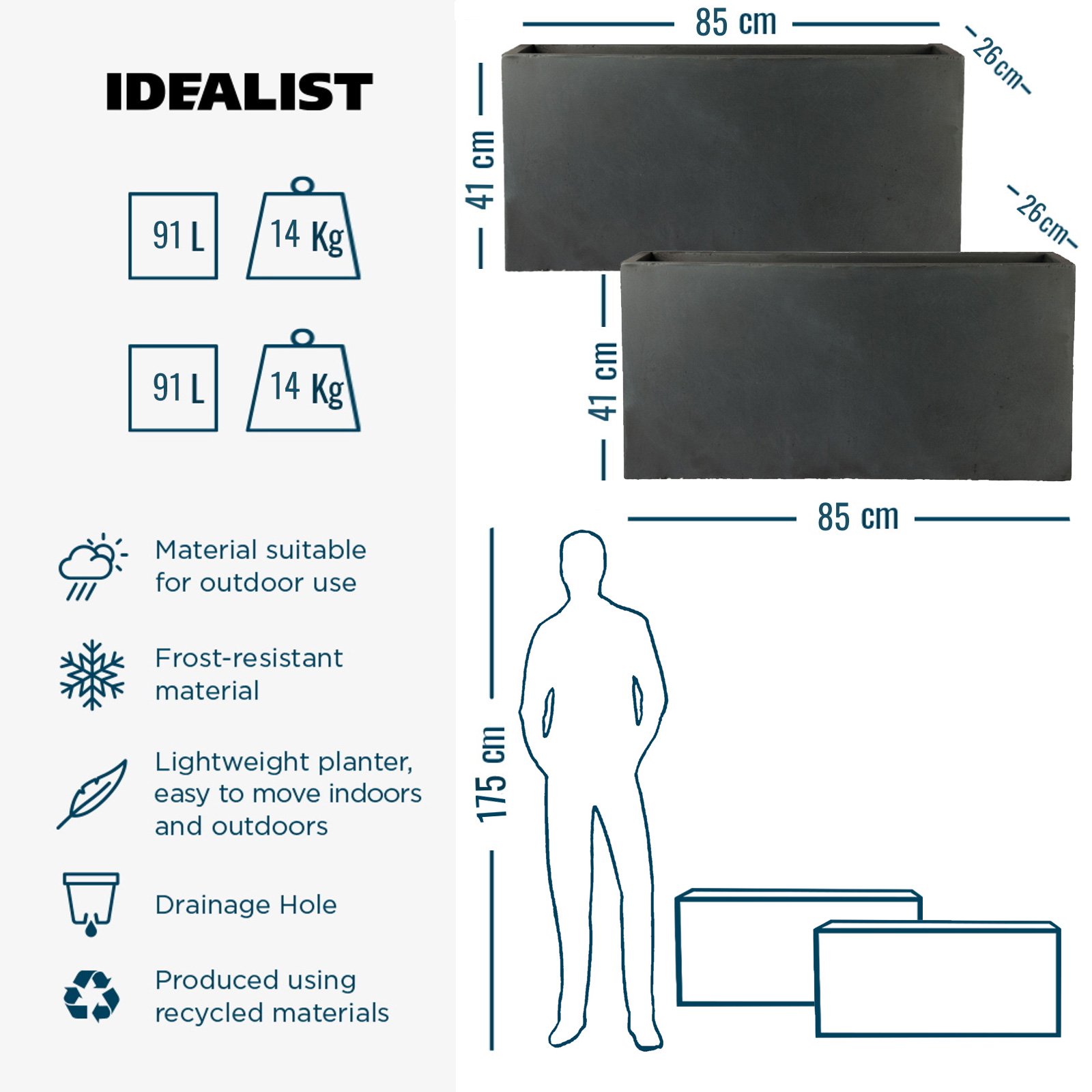 IDEALIST Lite Contemporary Light Concrete High Trough Planter Set