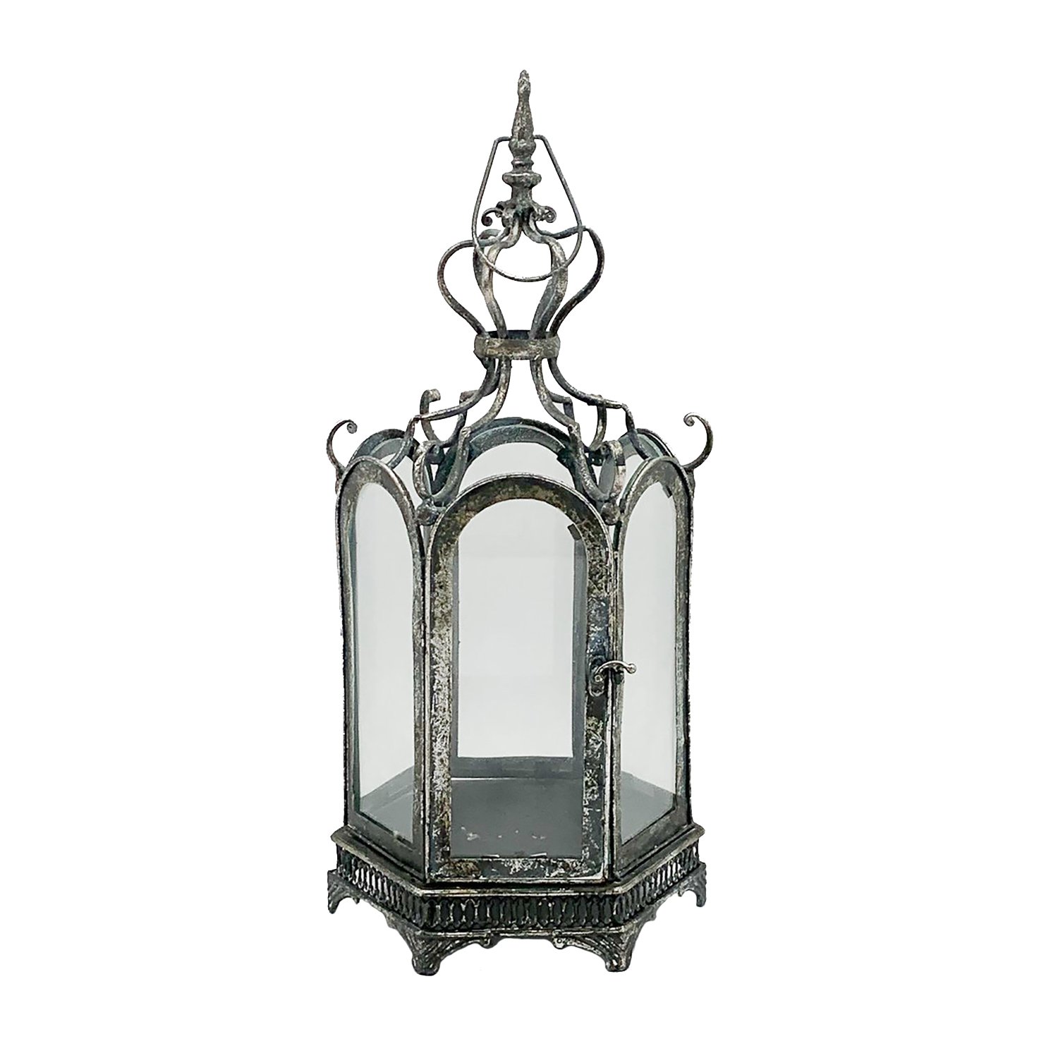 Hexagon Metal Garden Dark Silver Lantern with Latch by Minster