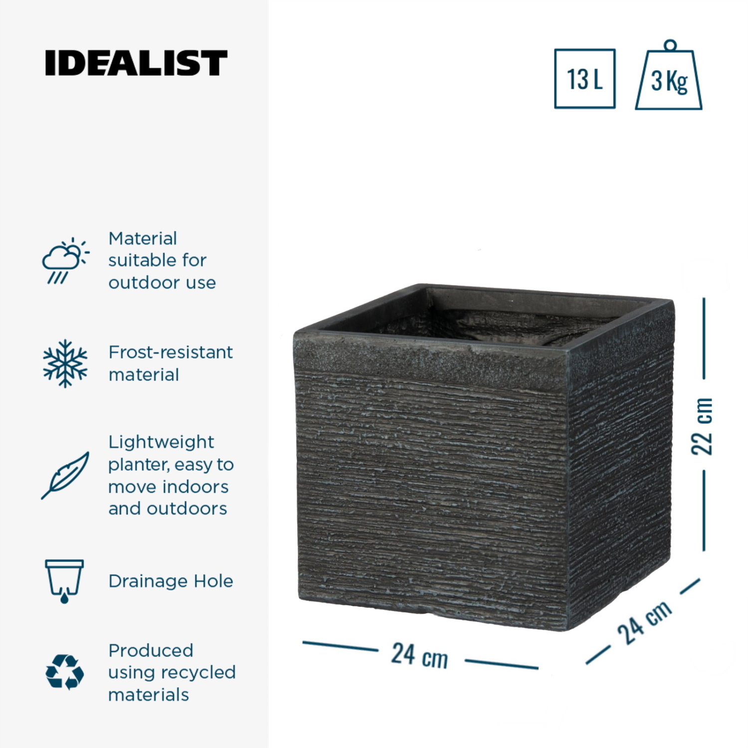 IDEALIST Lite Ribbed Light Concrete Square Planter