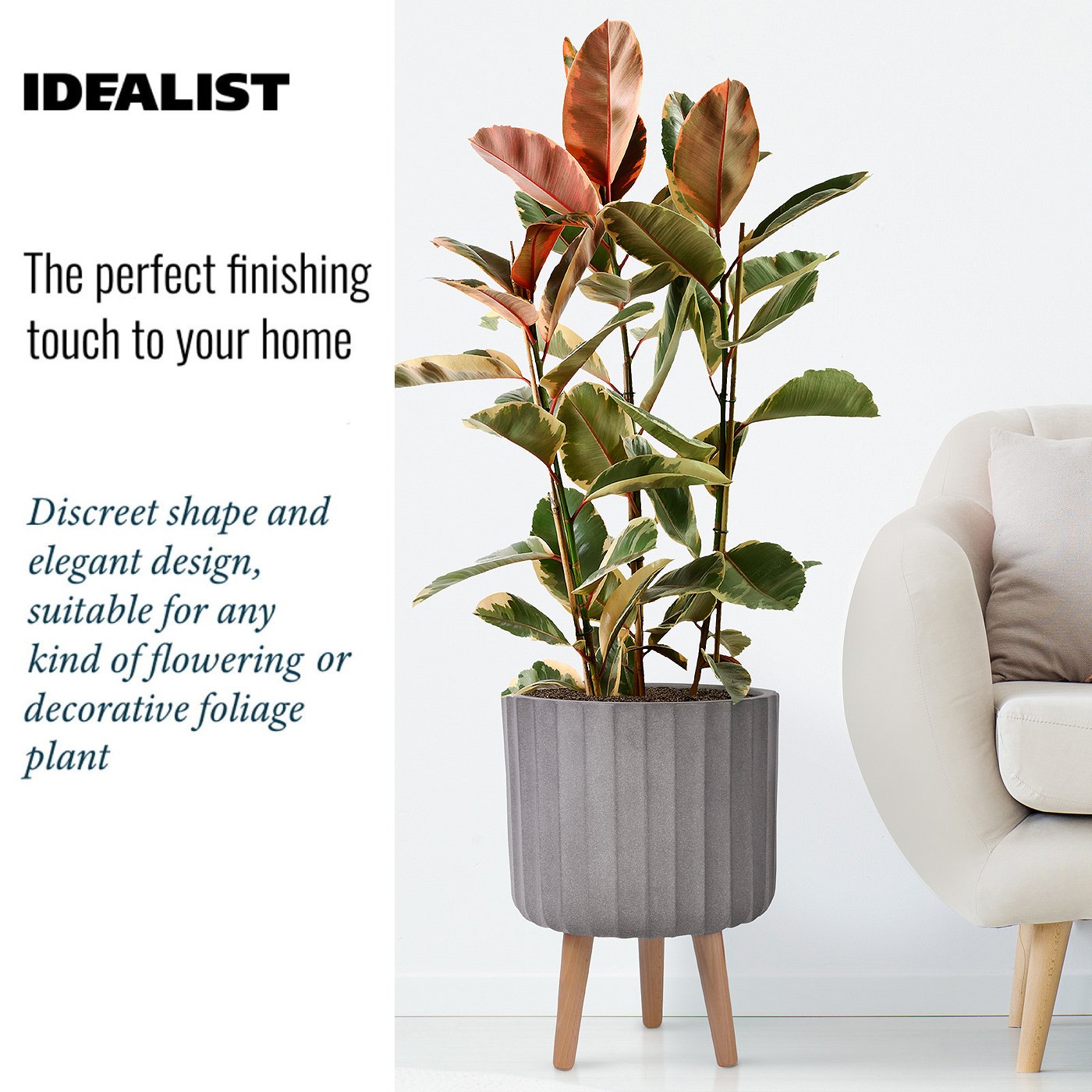 IDEALIST Lite Modern Ribbed Cylinder Planter on Legs, Round Pot Plant Stand Indoor