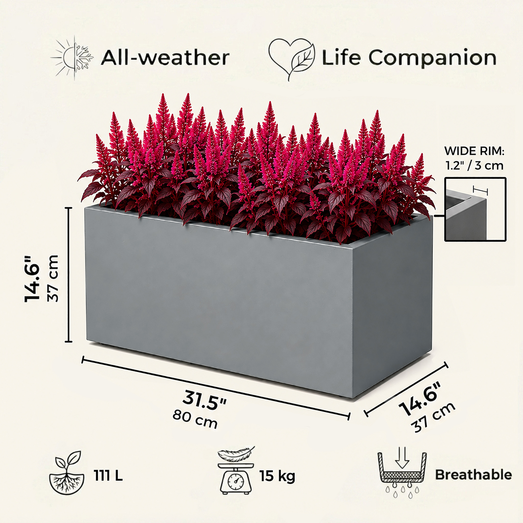 IDEALIST Lite Contemporary Light Concrete Trough Planter