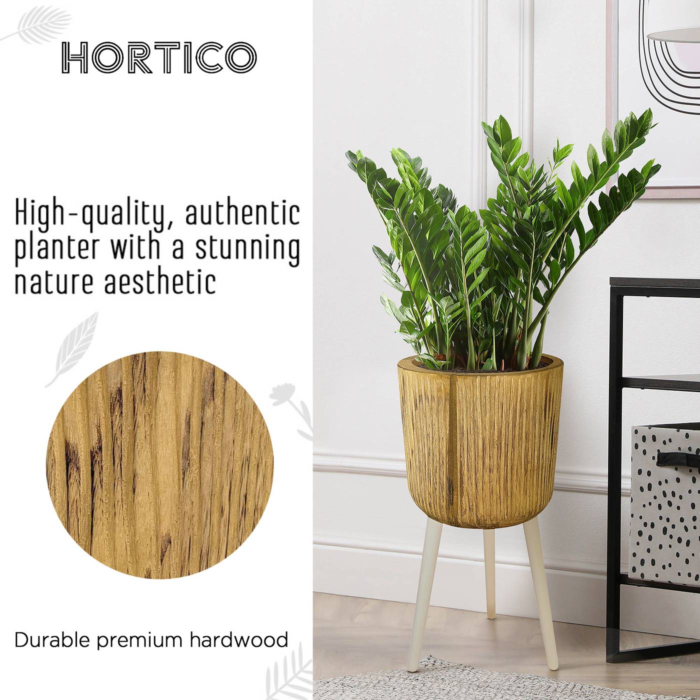 HORTICO RIBBED Wooden House Planter with Legs, Tall Indoor Plant Pot Stand with Waterproof Liner