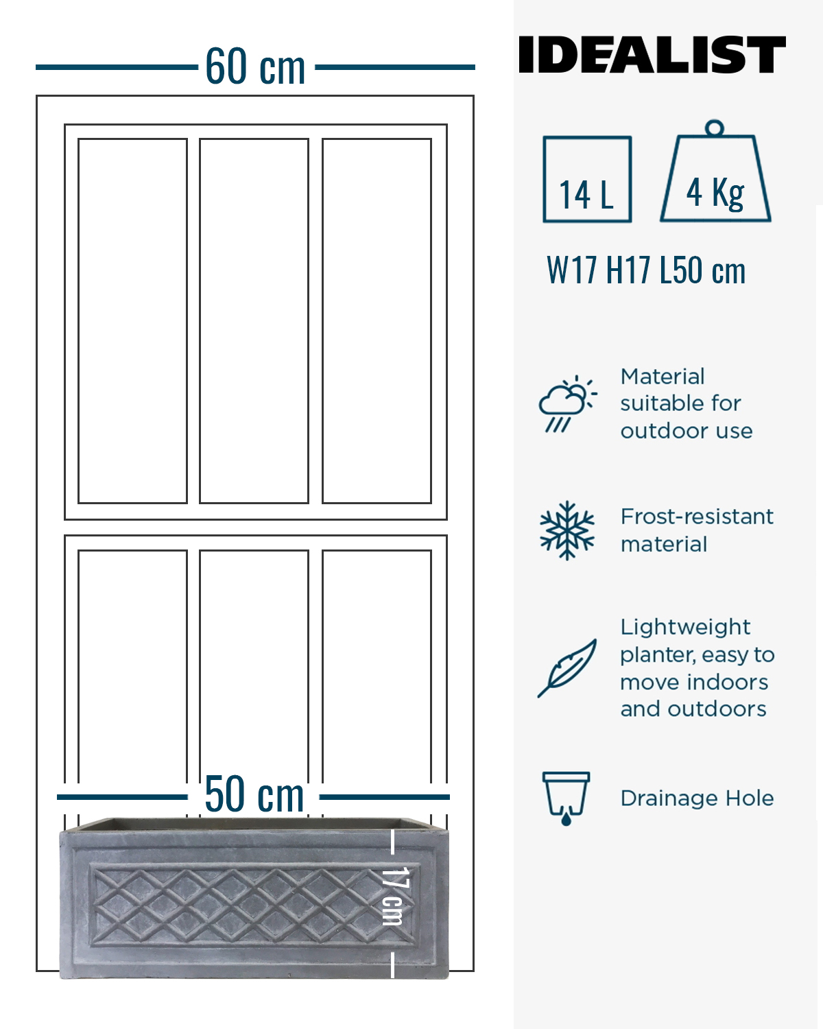 IDEALIST Lite Window Box Faux Lead Lattice Grey Light Stone Planter