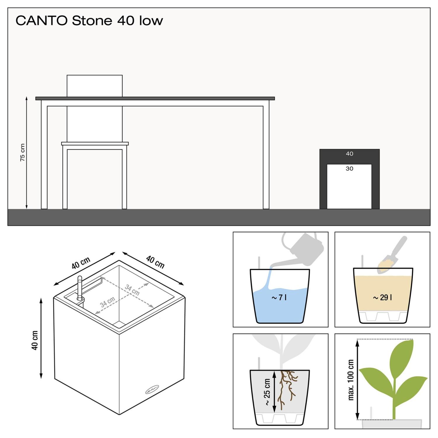 LECHUZA CANTO Stone Low Square Poly Resin Self-watering Planter