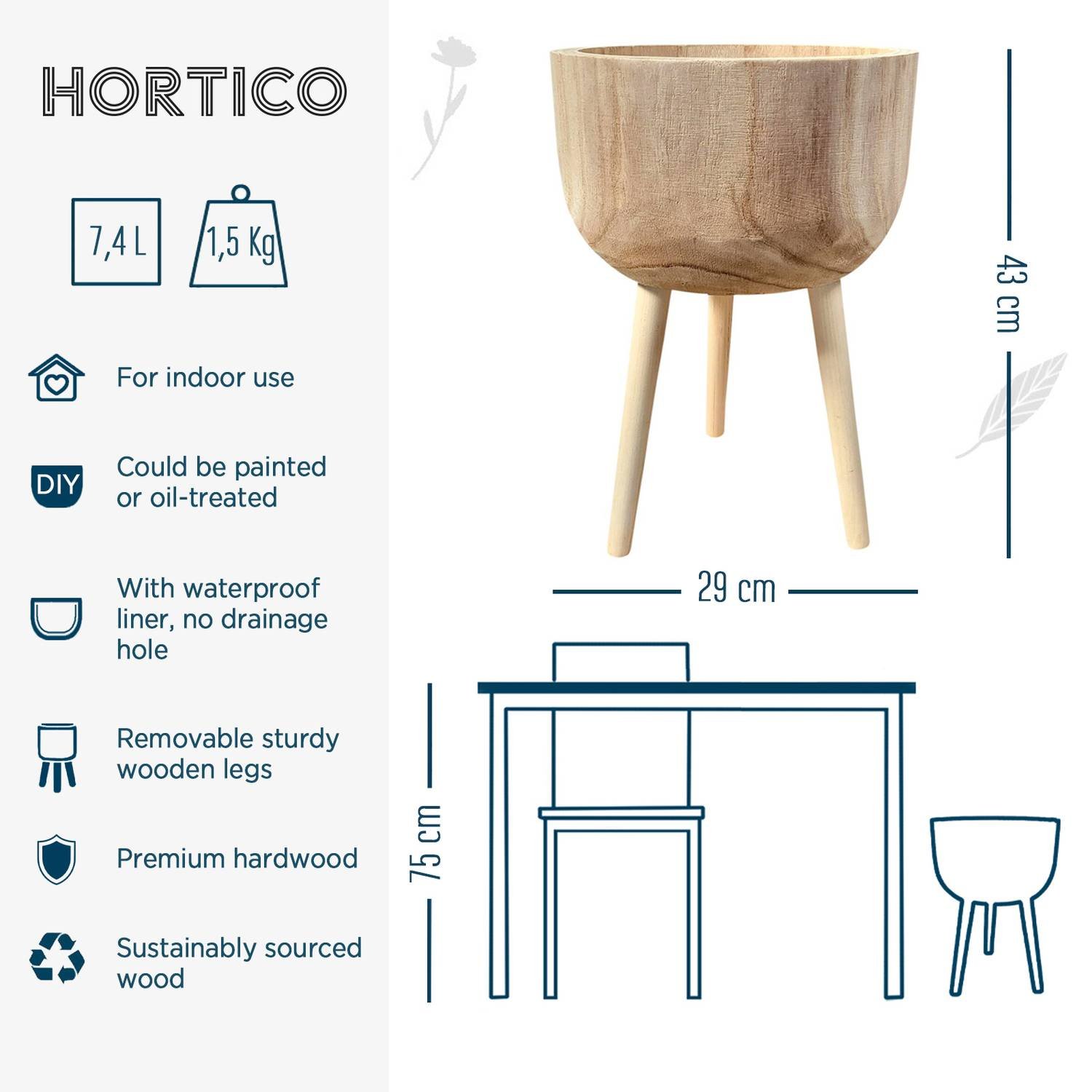 HORTICO GAIA Wooden House Planter with Legs, Tall Indoor Plant Pot Stand with Waterproof Liner