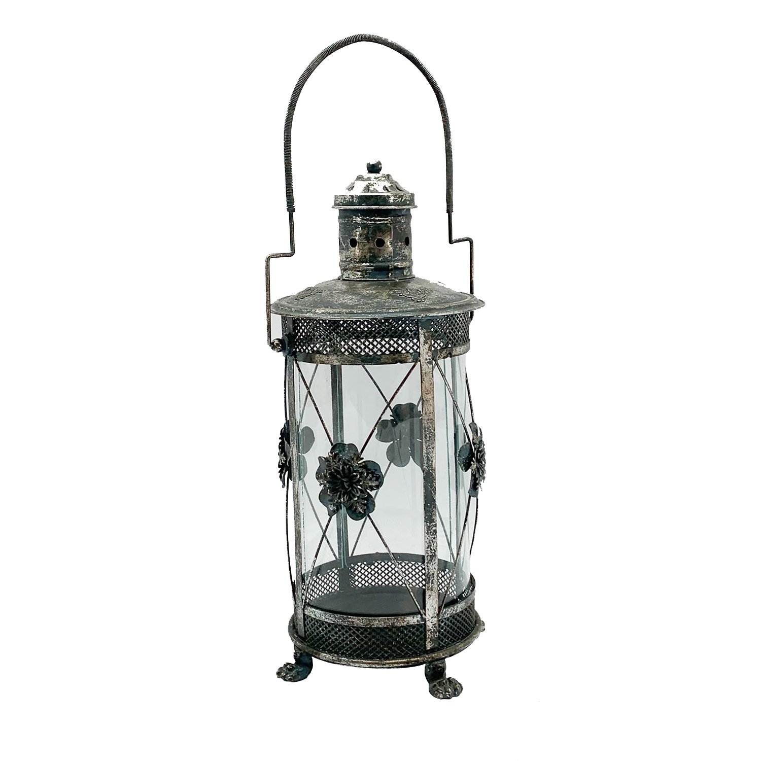 Cylinder Metal Flower Pattern Garden Dark Silver Lantern by Minster