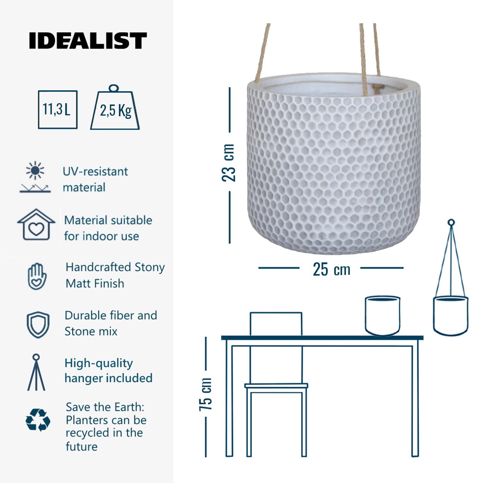IDEALIST Lite Honeycomb Style Table and Hanging Cylinder Round Plant Pot Dual Use Indoor Planter