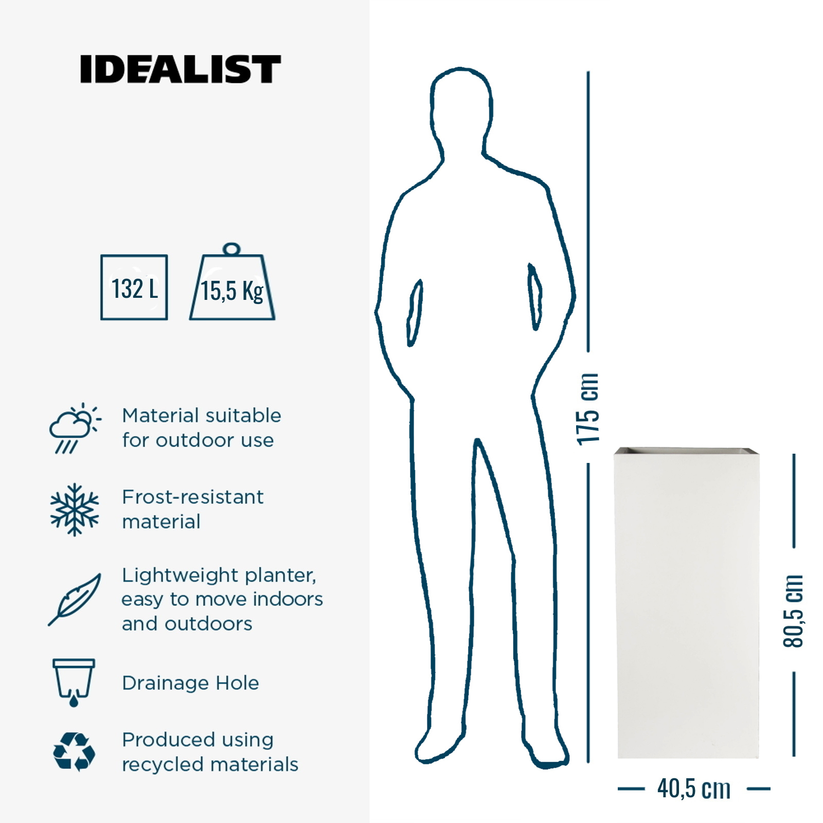 IDEALIST Lite Tall Square Contemporary Light Concrete Planter