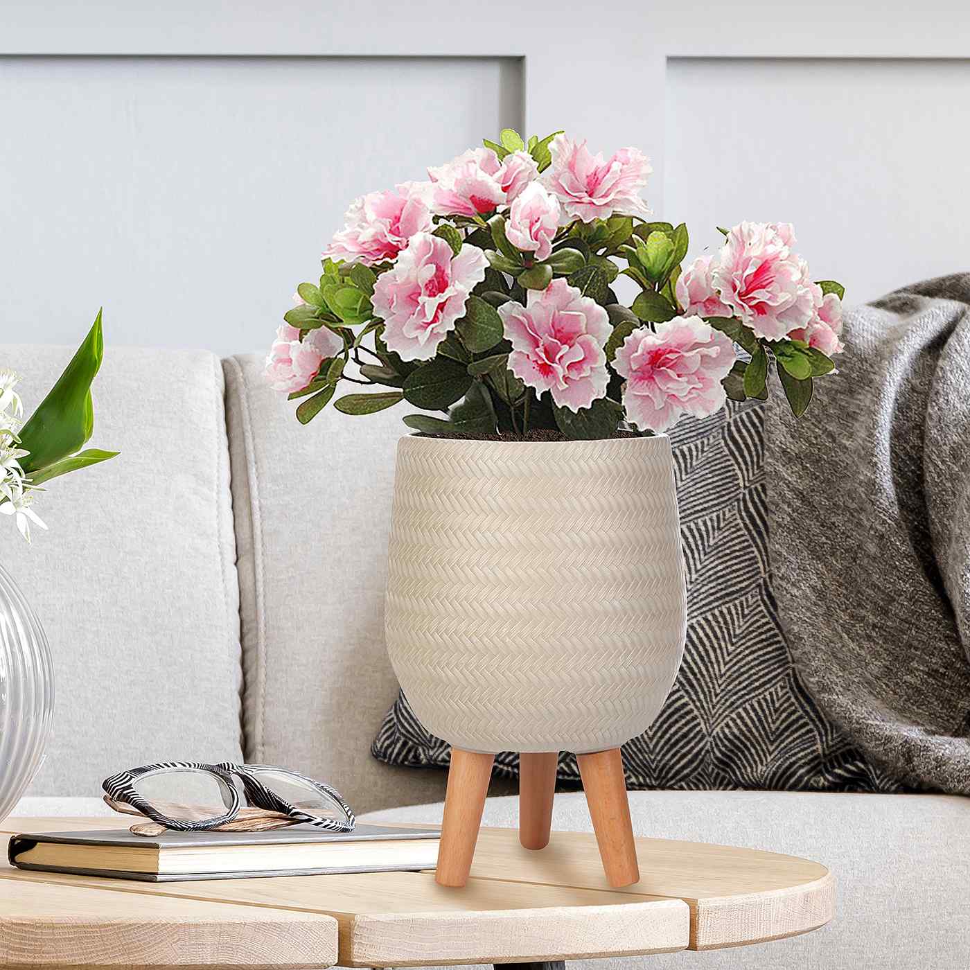 IDEALIST Lite Plaited Style Egg Planter on Legs, Round Pot Plant Stand Indoor