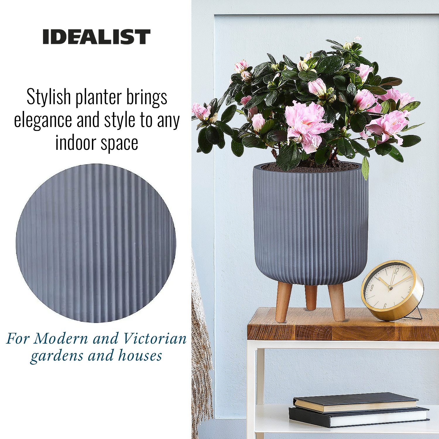 IDEALIST Lite Ribbed Cylinder Planter on Legs, Round Pot Plant Stand Indoor