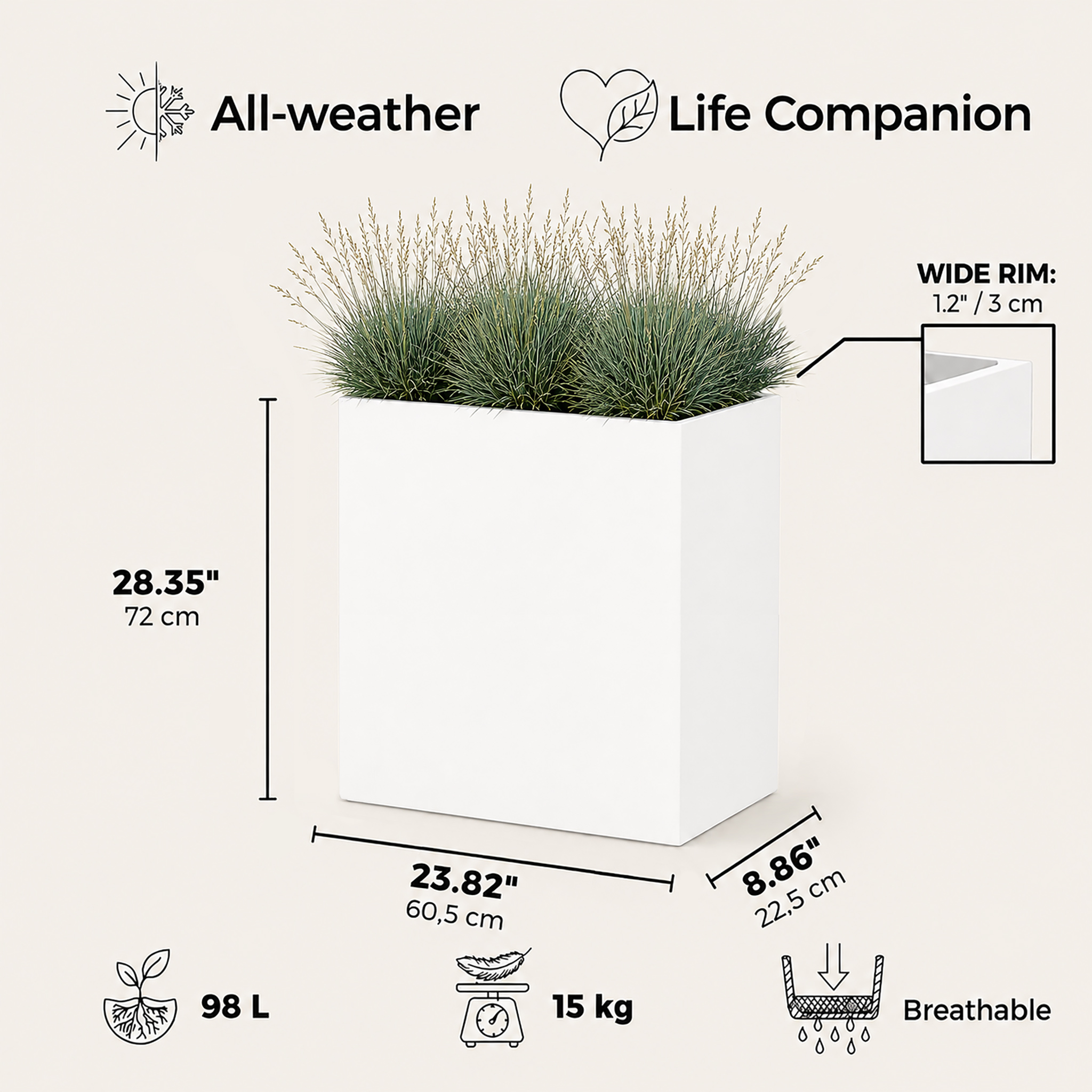 IDEALIST Lite Narrow Contemporary Light Concrete Trough Planter