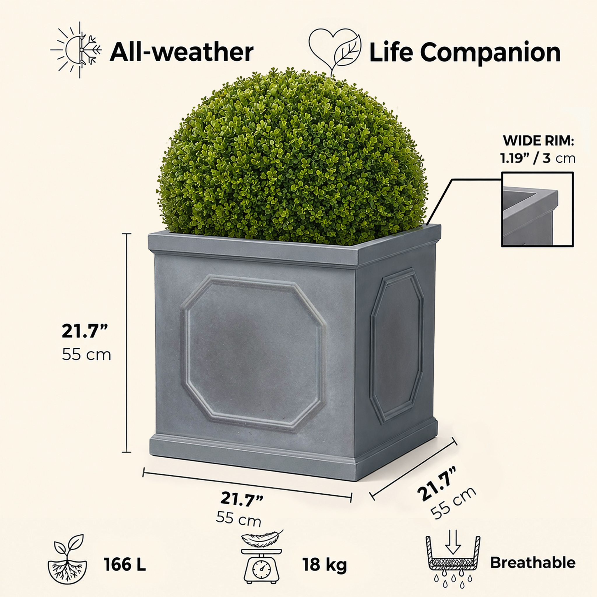 IDEALIST Lite Faux Lead Chelsea Box Square Light Concrete Planter