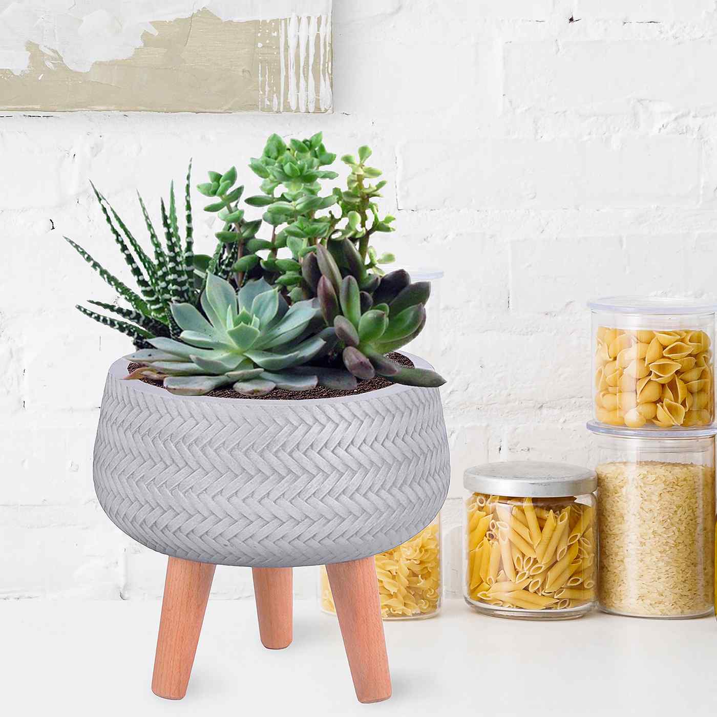 IDEALIST Lite Plaited Style Bowl Planter on Legs, Round Pot Plant Stand Indoor
