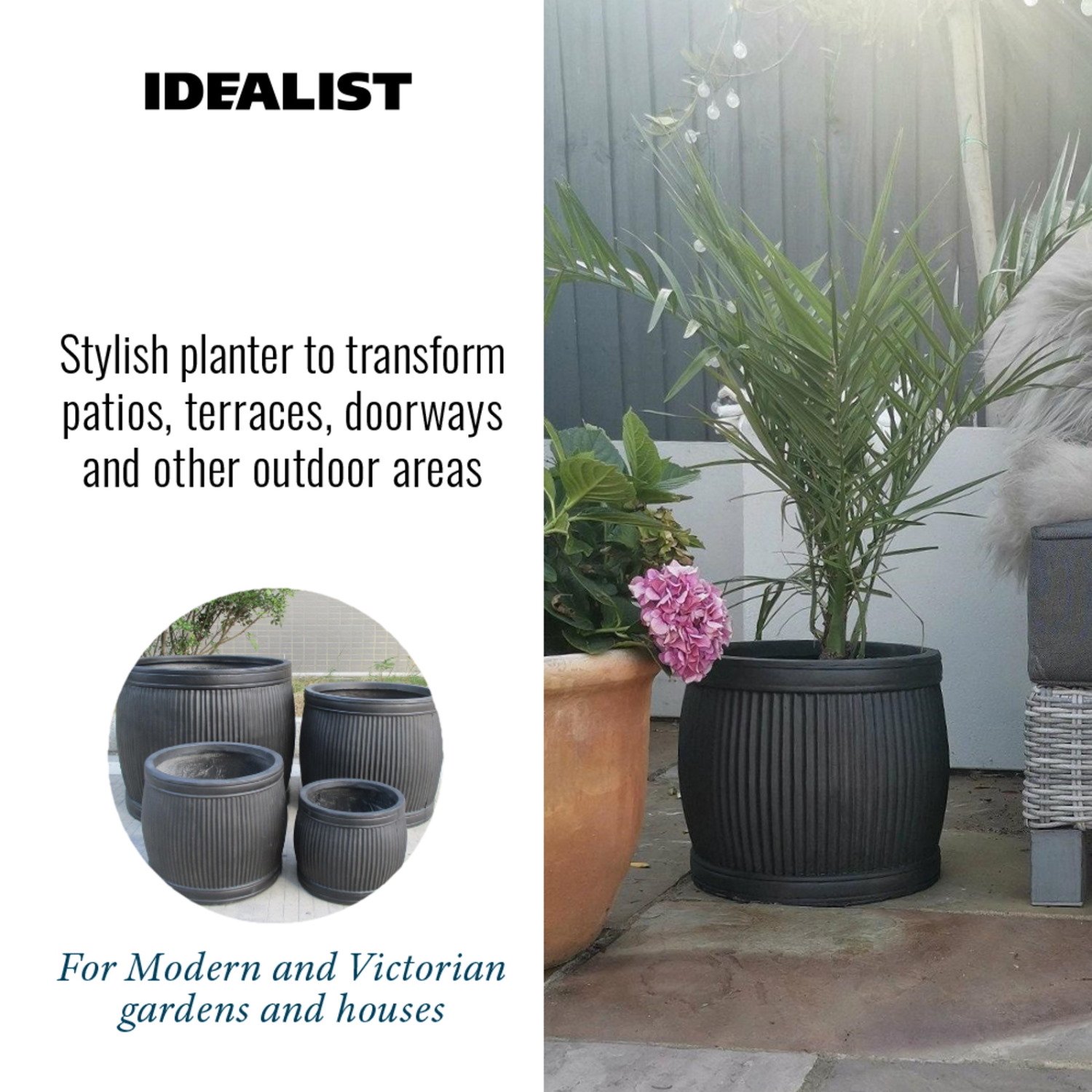 IDEALIST Lite Vertical Ribbed Vintage Style Barrel Round Planter