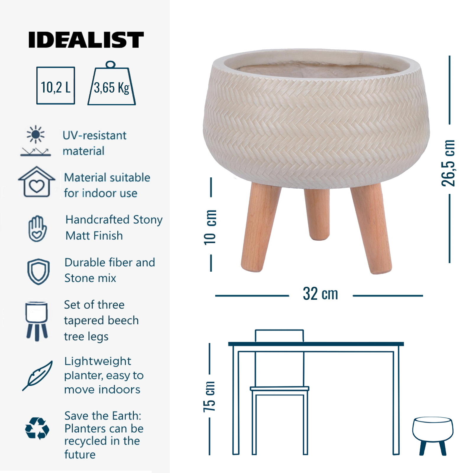 IDEALIST Lite Plaited Style Bowl Planter on Legs, Round Pot Plant Stand Indoor