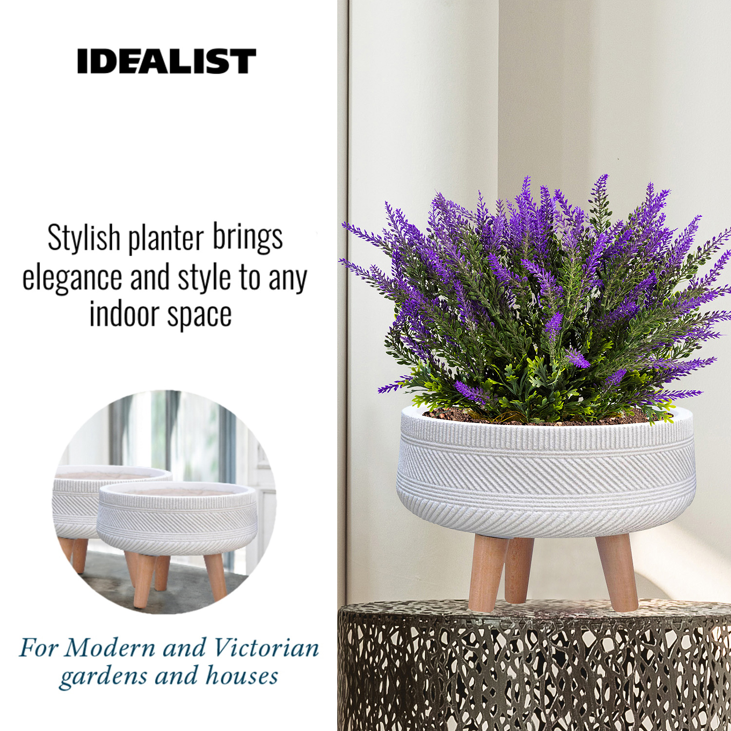 IDEALIST Lite Striped Tray Round Planter on Legs, Round Pot Plant Stand Indoor
