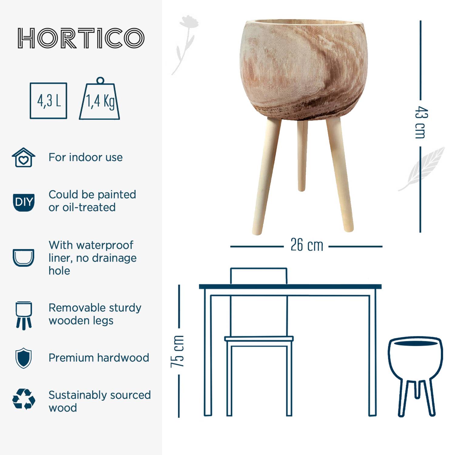 HORTICO TREND Wooden House Planter with Legs, Tall Indoor Plant Pot Stand with Waterproof Liner