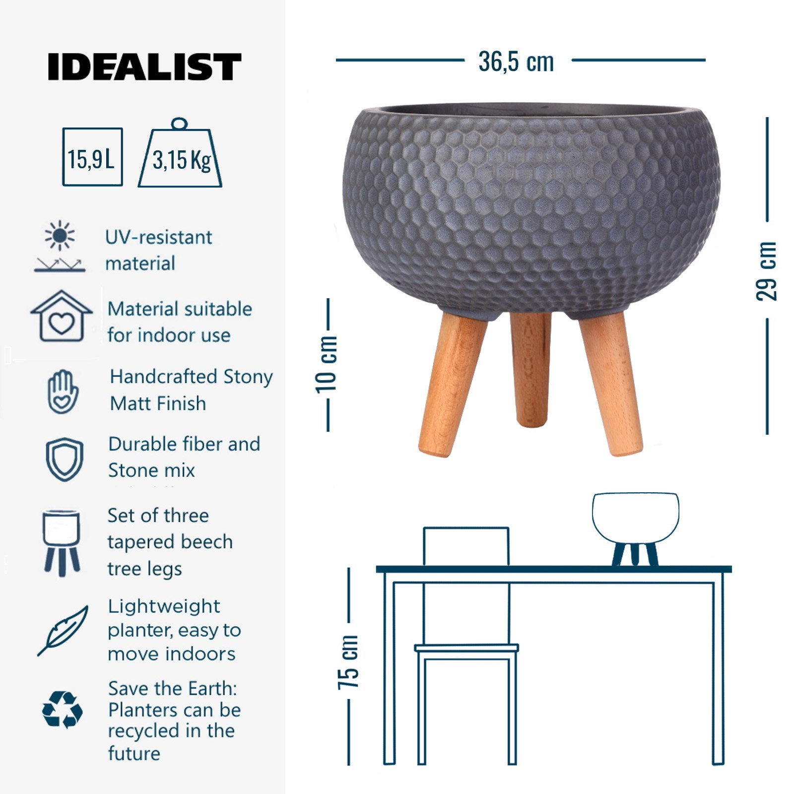 IDEALIST Lite Honeycomb Style Bowl Planter on Legs, Round Pot Plant Stand Indoor