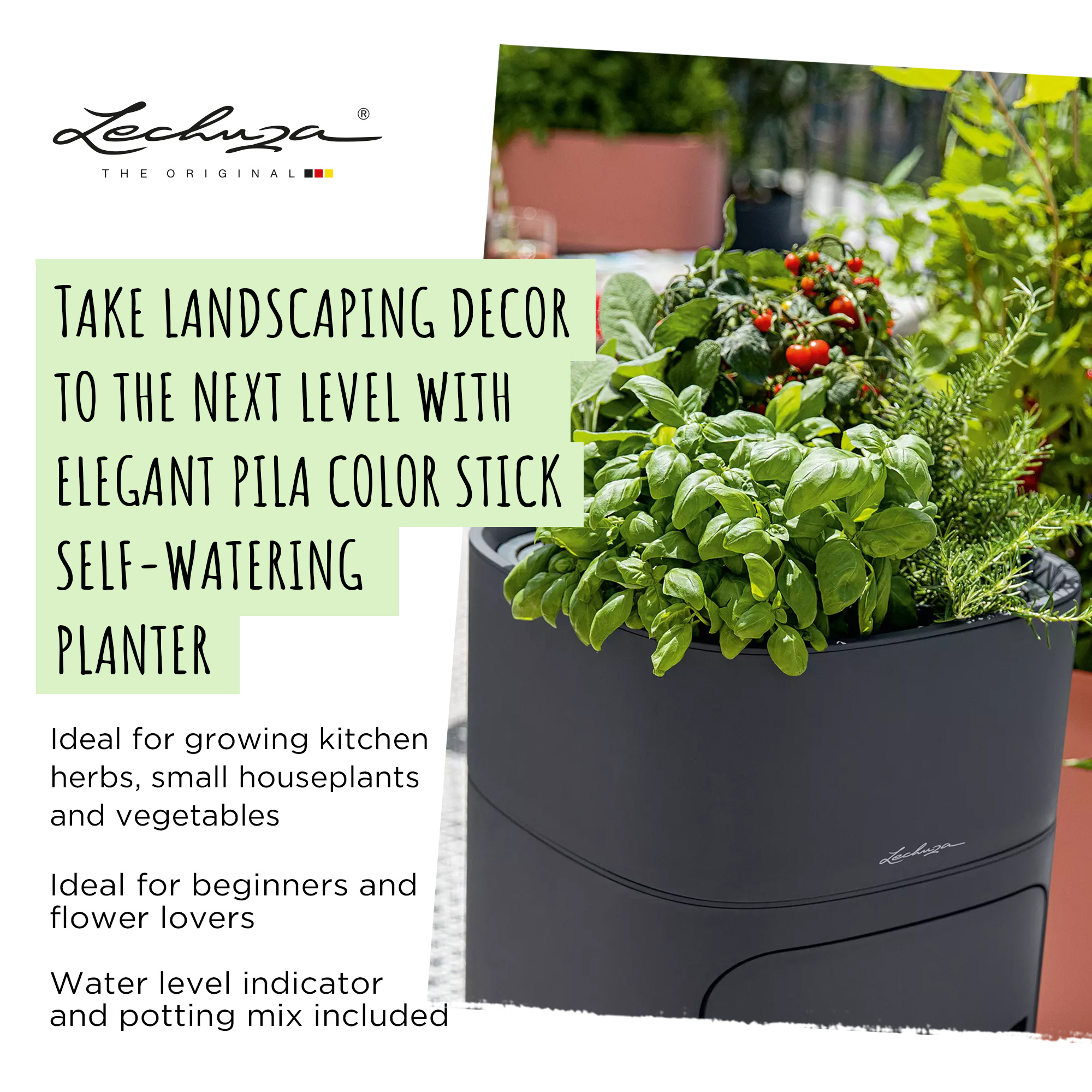 LECHUZA PILA Color Stick Square Poly Resin Self-watering Planter