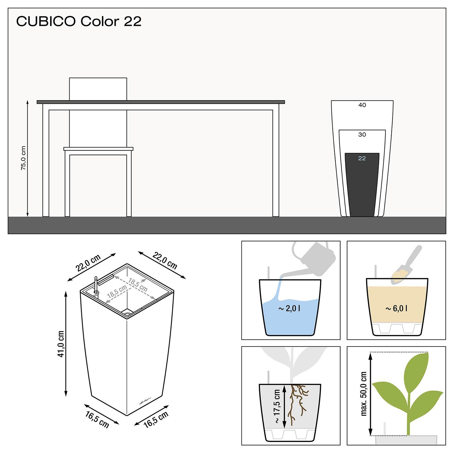 LECHUZA CUBICO Color Square Tall Poly Resin Self-watering Planter