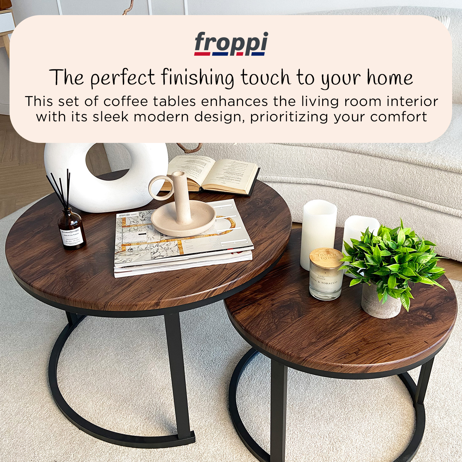 Froppi Round Coffee Tables for Living Room: Set of 2 Nesting Coffee Tables, MDF