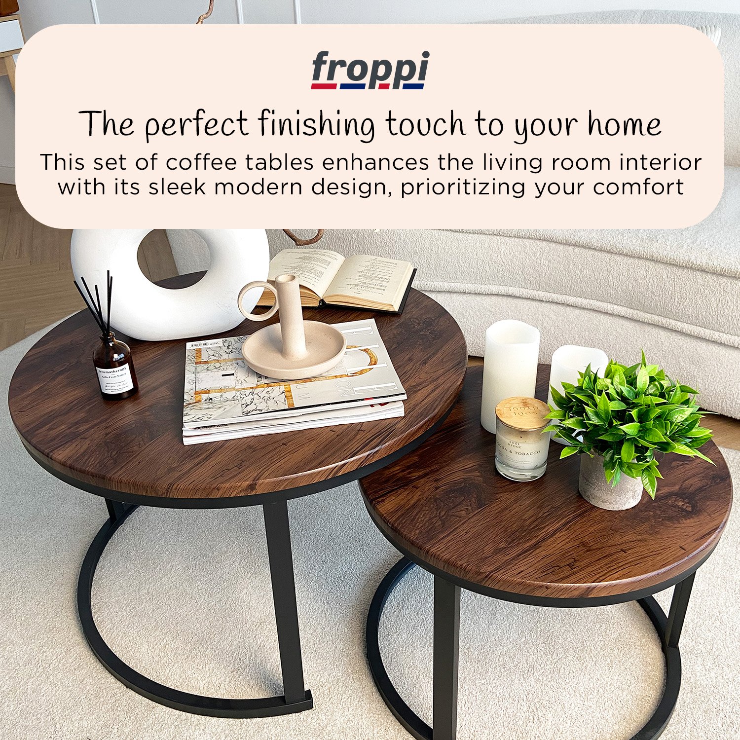 Froppi Round Coffee Tables for Living Room: Set of 2 Nesting Coffee Tables, MDF