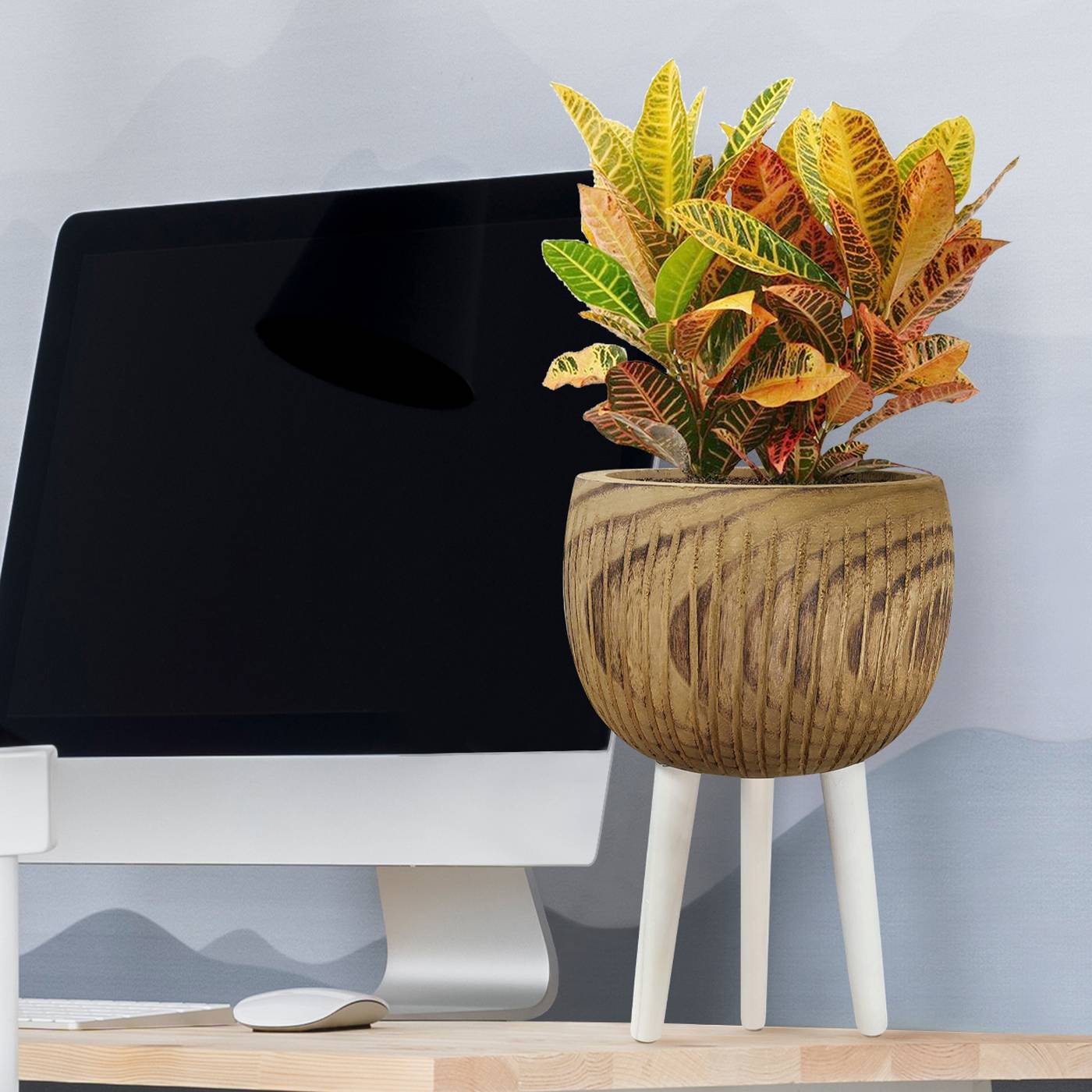 HORTICO RIBBED Wooden House Planter with Legs, Tall Indoor Plant Pot Stand with Waterproof Liner