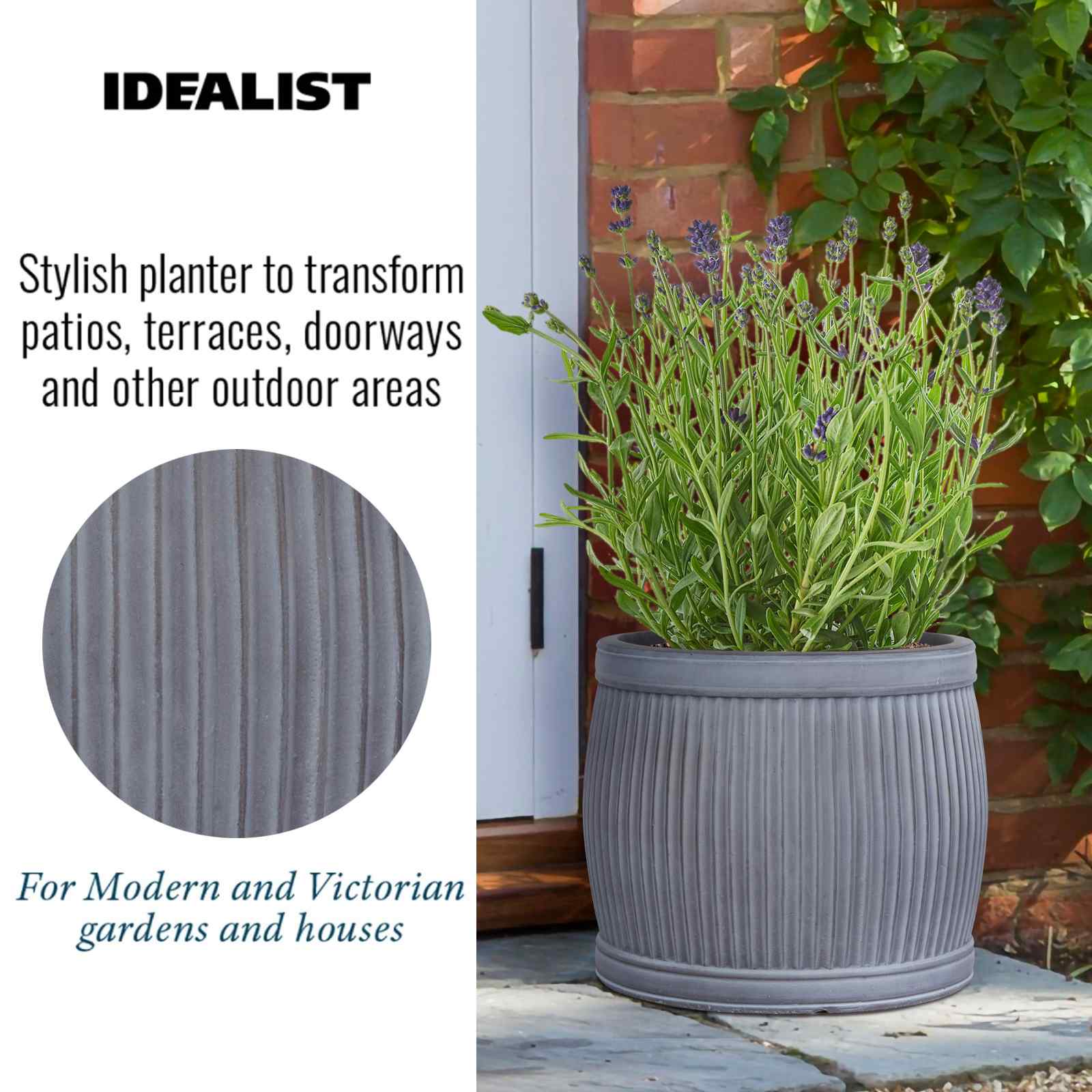 IDEALIST Lite Vertical Ribbed Vintage Style Barrel Round Planter