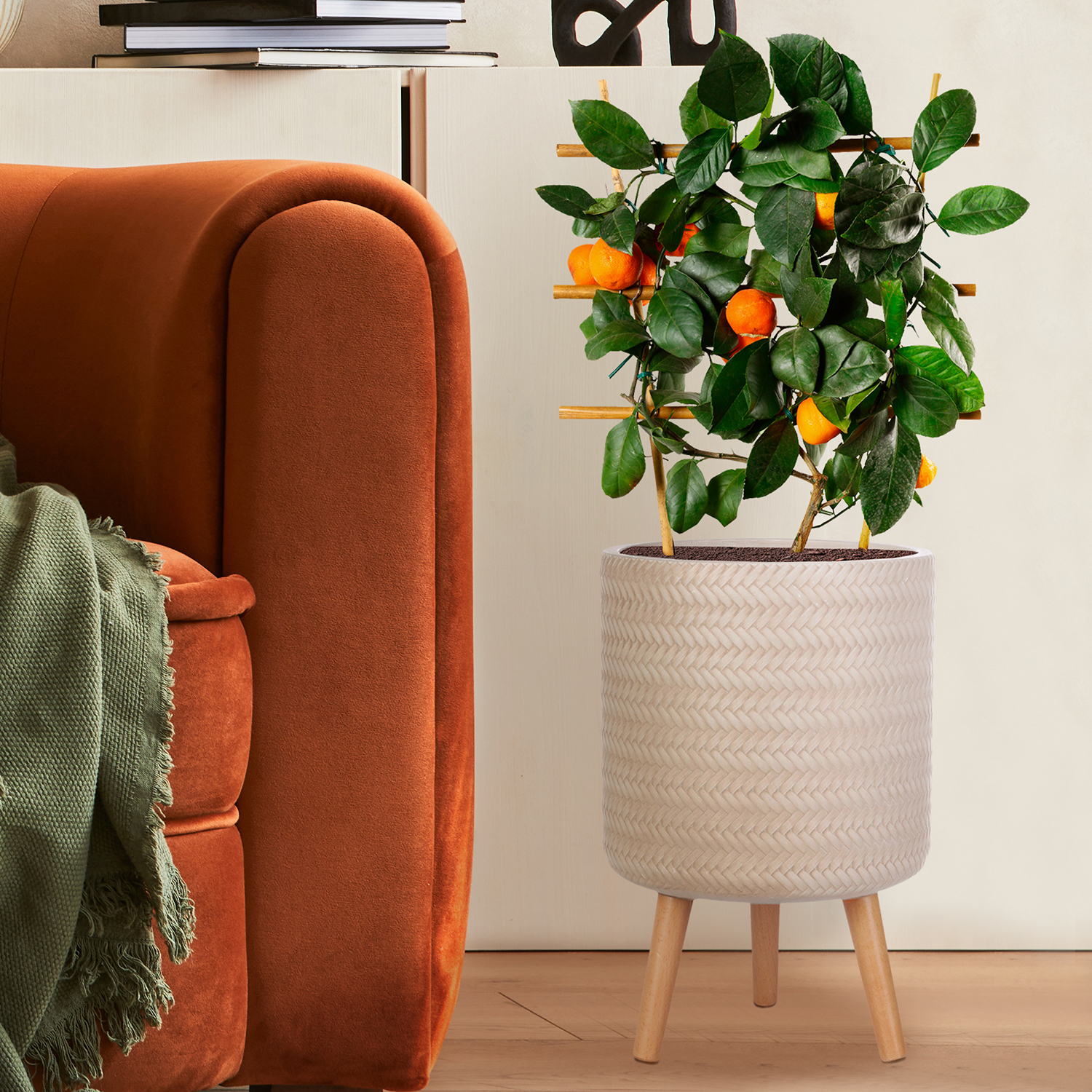 IDEALIST Lite Plaited Style Cylinder Planter on Legs, Round Pot Plant Stand Indoor