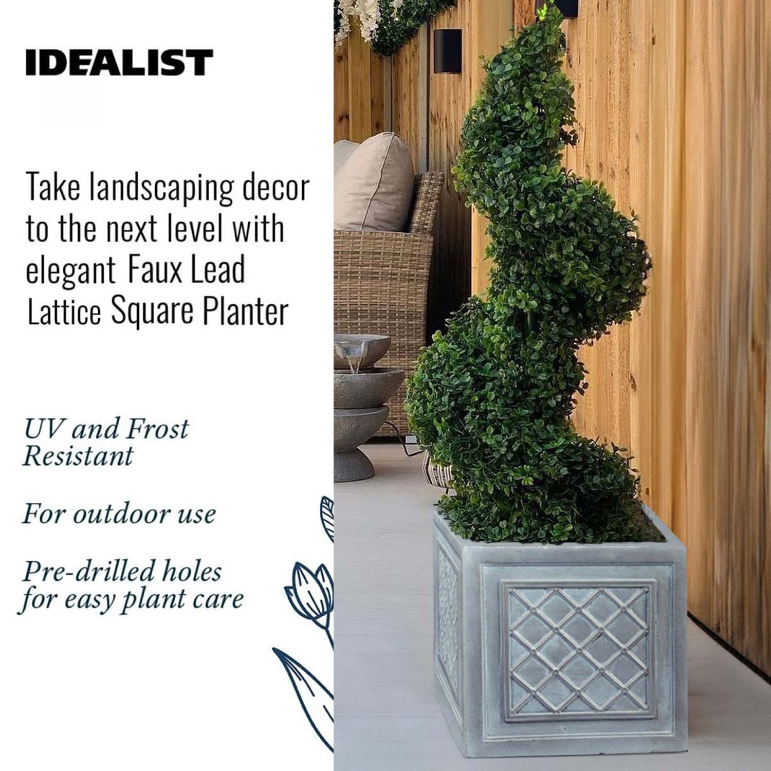IDEALIST Lite Faux Lead Lattice Planter Light Concrete Square Box