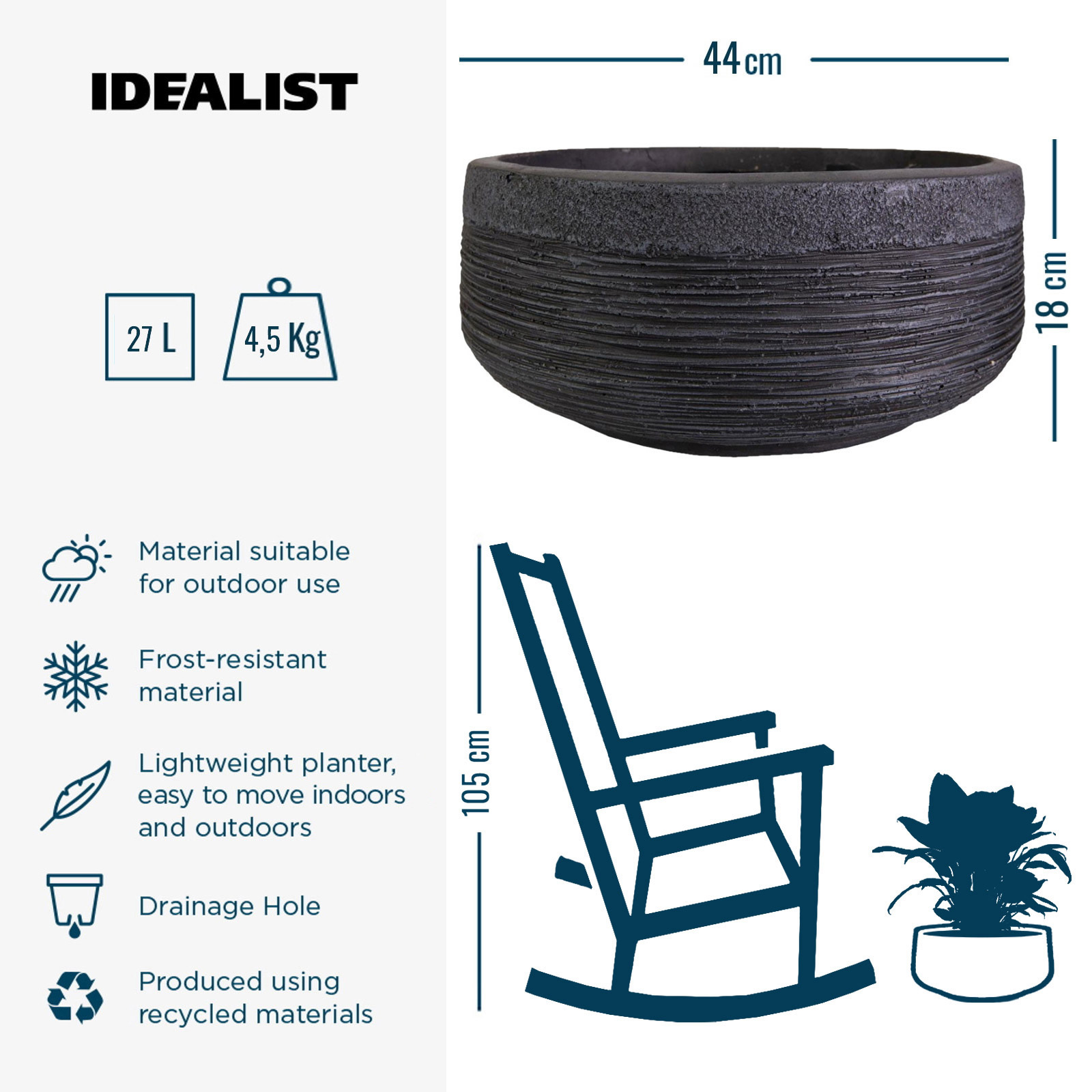 IDEALIST Lite Ribbed Light Concrete Bowl Planter