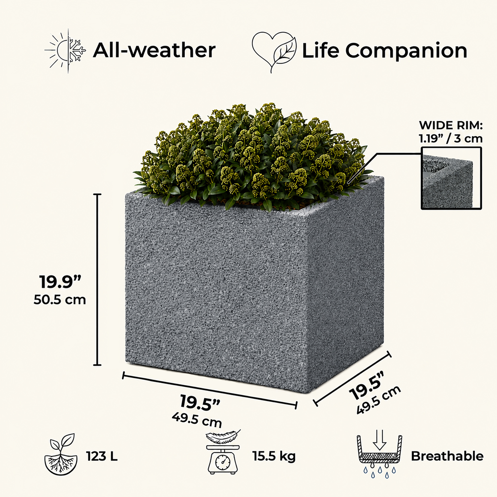 IDEALIST Lite Textured Concrete Effect Square Outdoor Planter