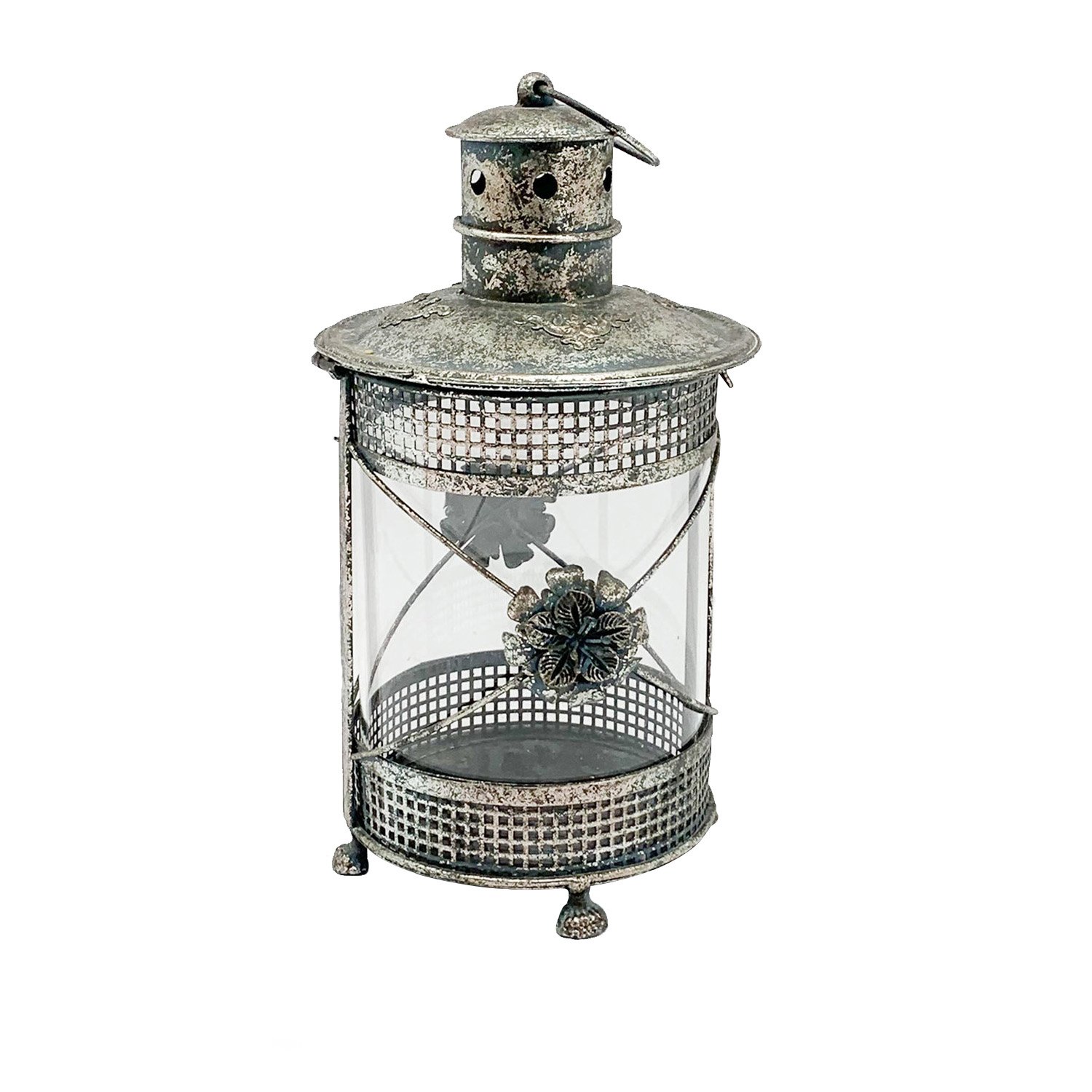 Round Metal Flower Pattern Garden Dark Silver Lantern by Minster