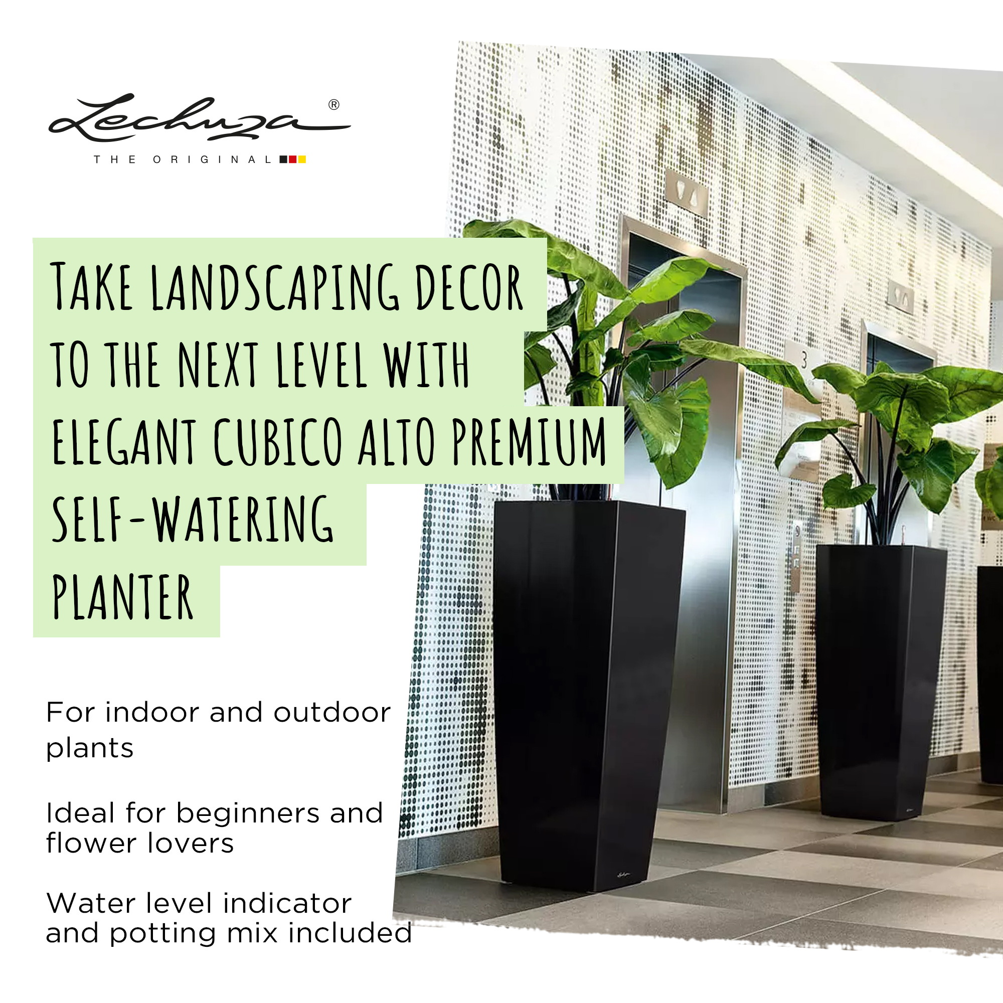 LECHUZA CUBICO ALTO Square Tall Poly Resin Self-watering Planter