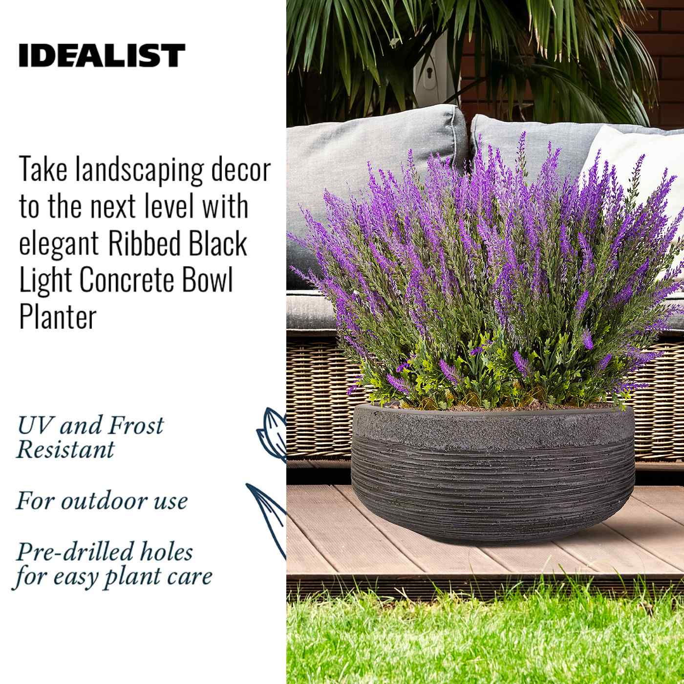 IDEALIST Lite Ribbed Light Concrete Bowl Planter