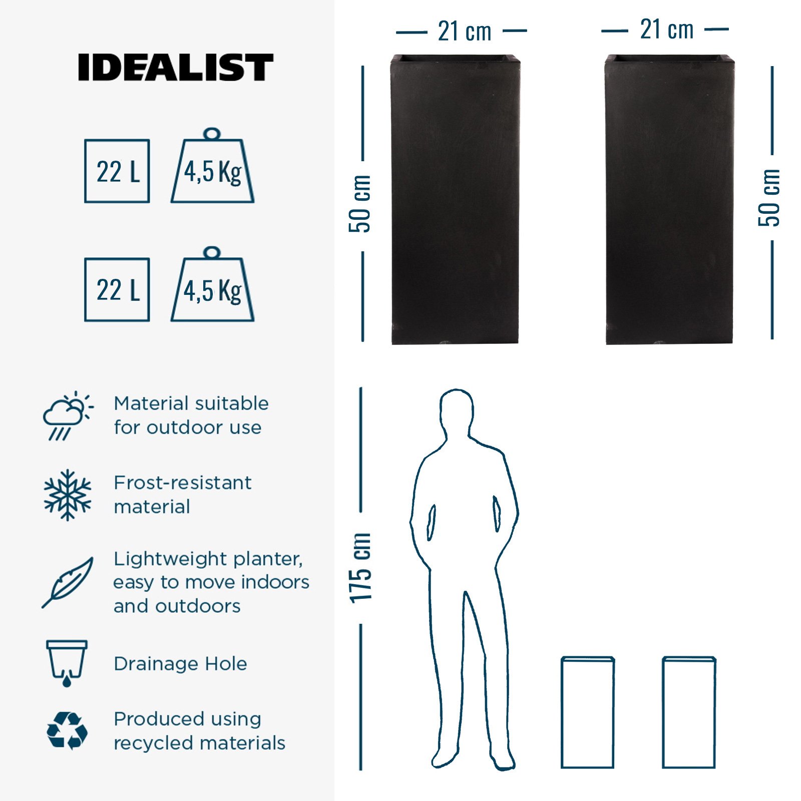 IDEALIST Lite Tall Square Contemporary Light Concrete Planter Set