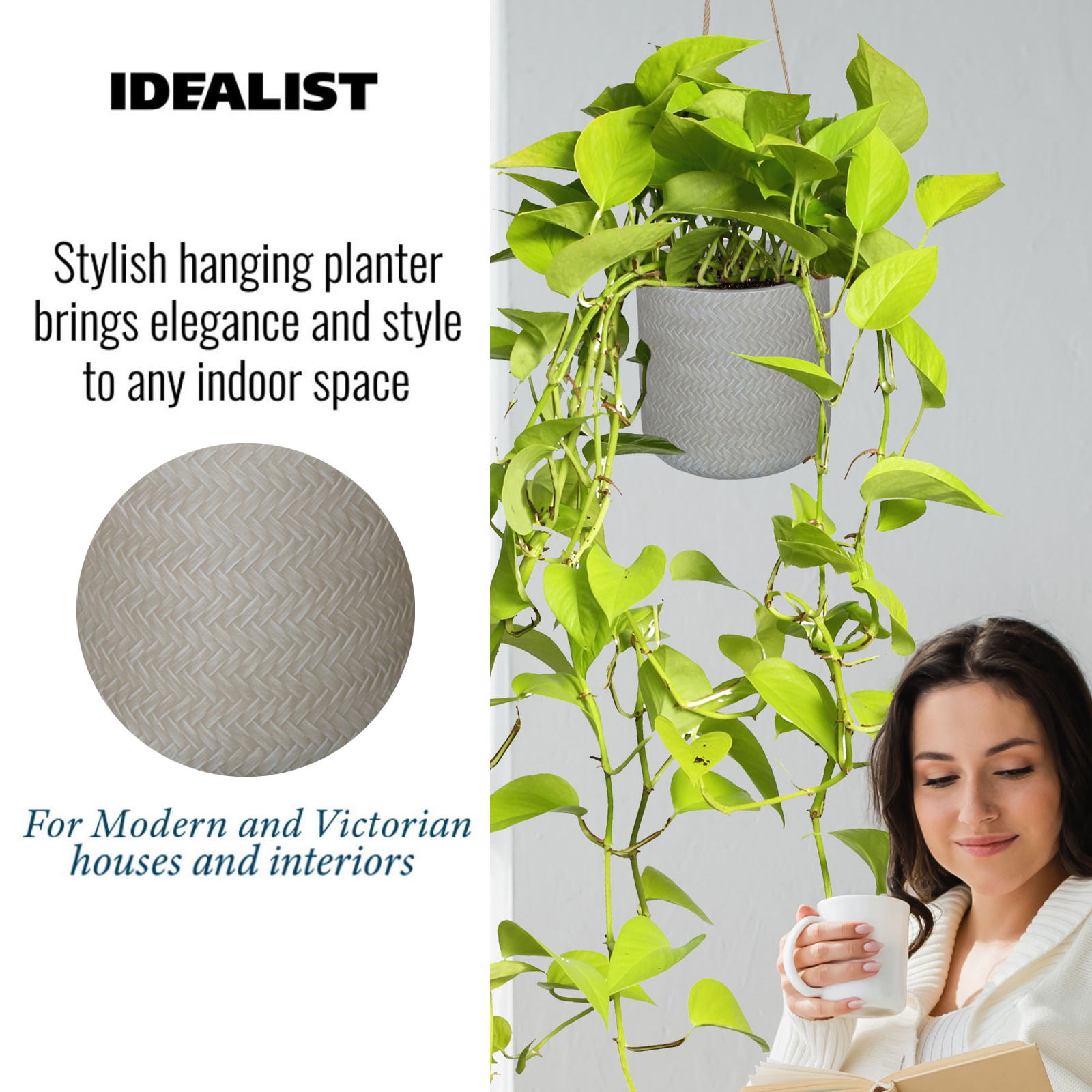 IDEALIST Lite Plaited Style Table and Hanging Cylinder Round Plant Pot Dual Use Indoor Planter