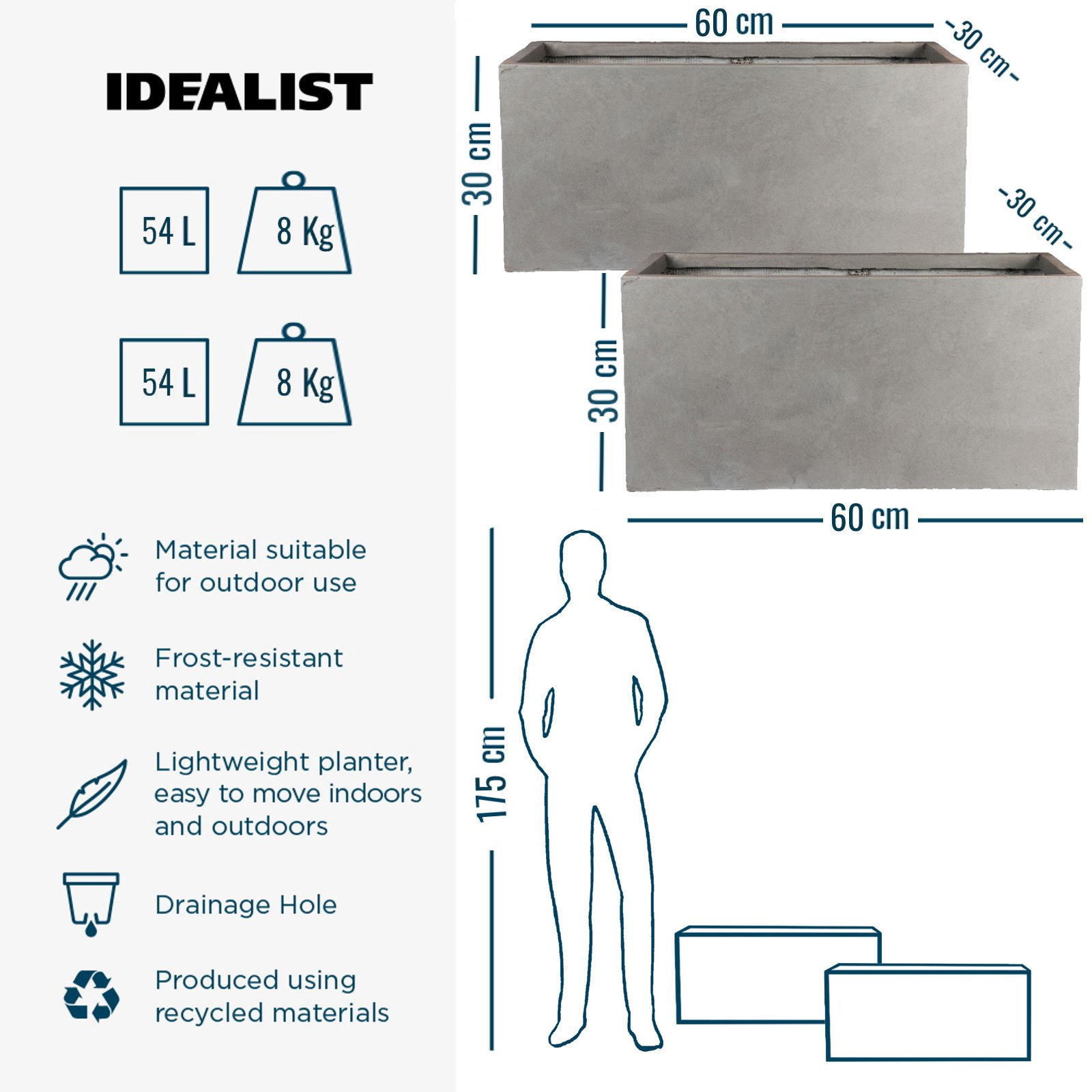 IDEALIST Lite Contemporary Light Concrete Trough Planter Set