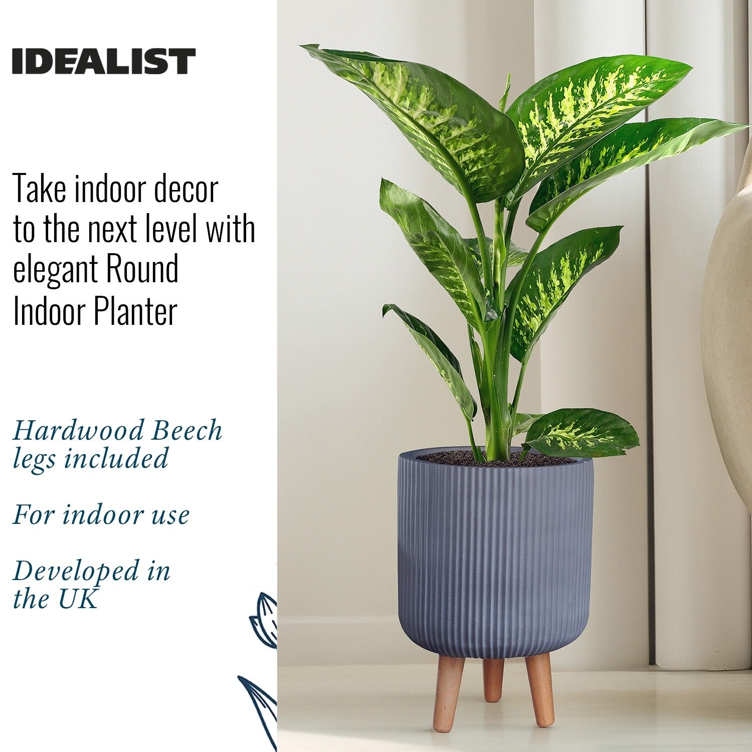 IDEALIST Lite Ribbed Cylinder Planter on Legs, Round Pot Plant Stand Indoor