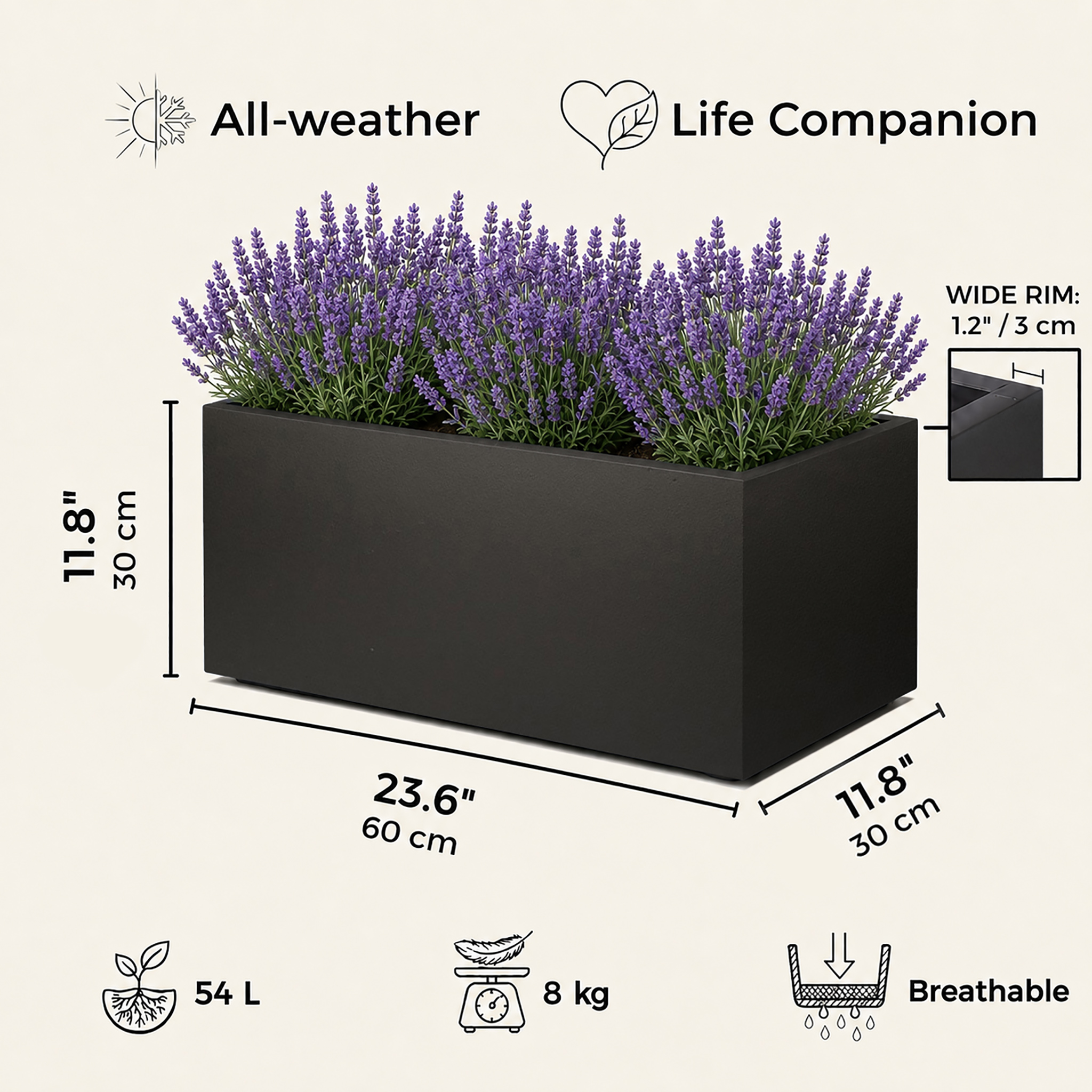 IDEALIST Lite Contemporary Light Concrete Trough Planter