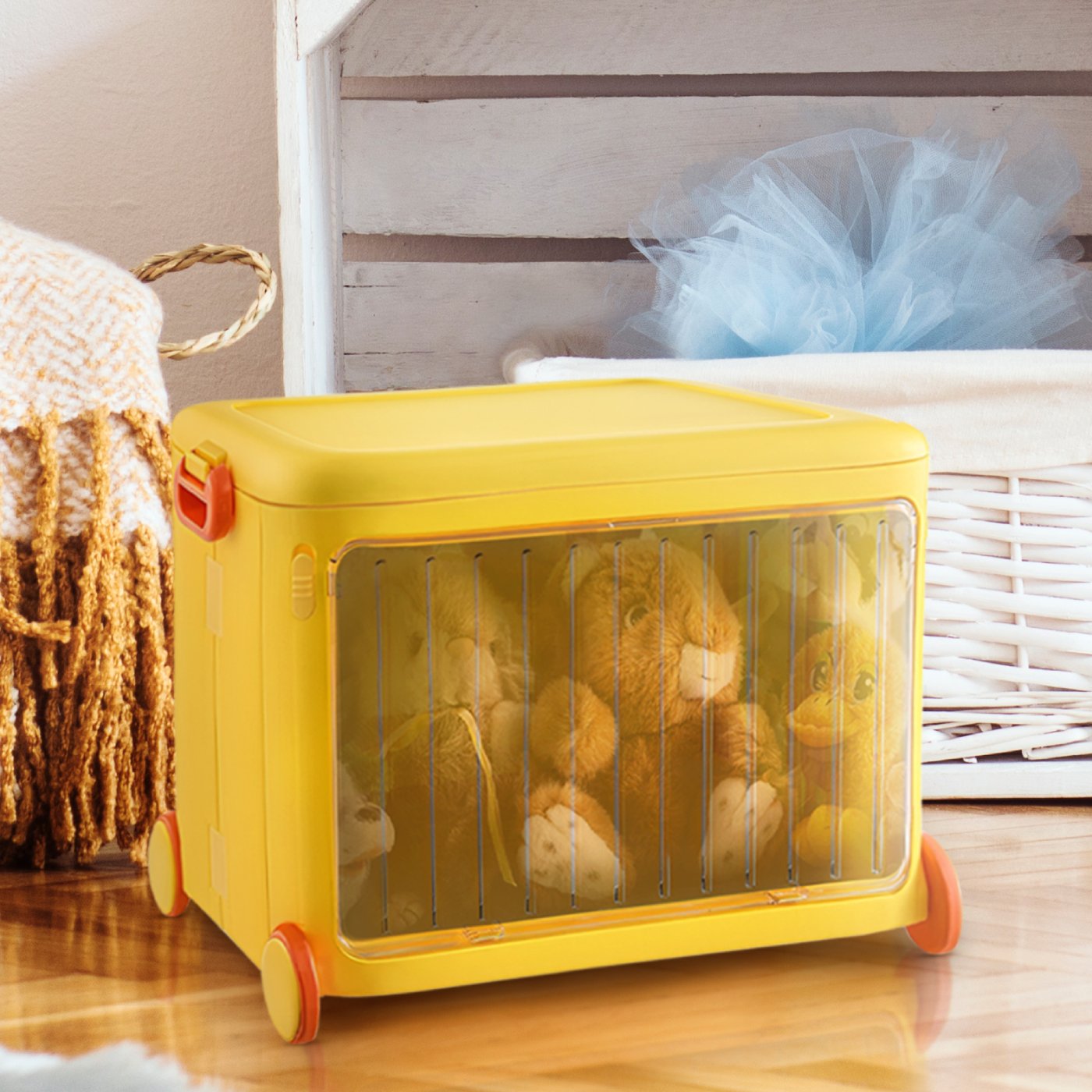 Froppi Stackable Plastic Kids Toy Storage Box with Lid, Transparent Door and Wheels