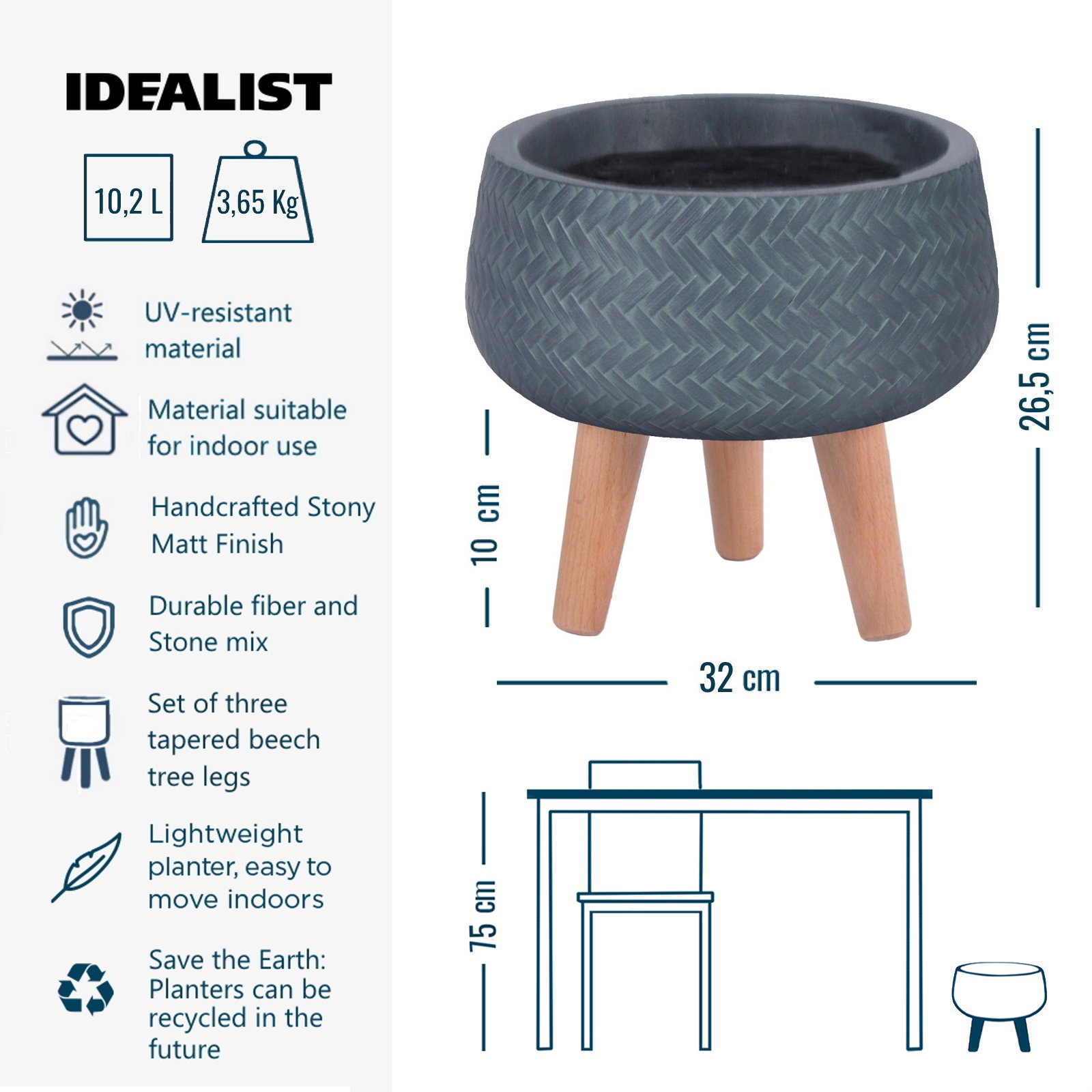 IDEALIST Lite Plaited Style Bowl Planter on Legs, Round Pot Plant Stand Indoor