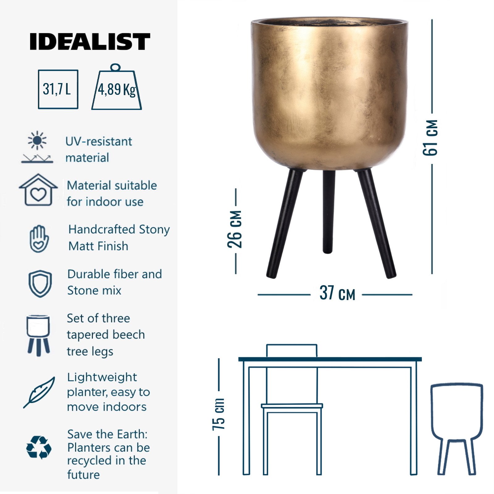 IDEALIST Lite Round Planter on Legs, Round Pot Plant Stand Indoor