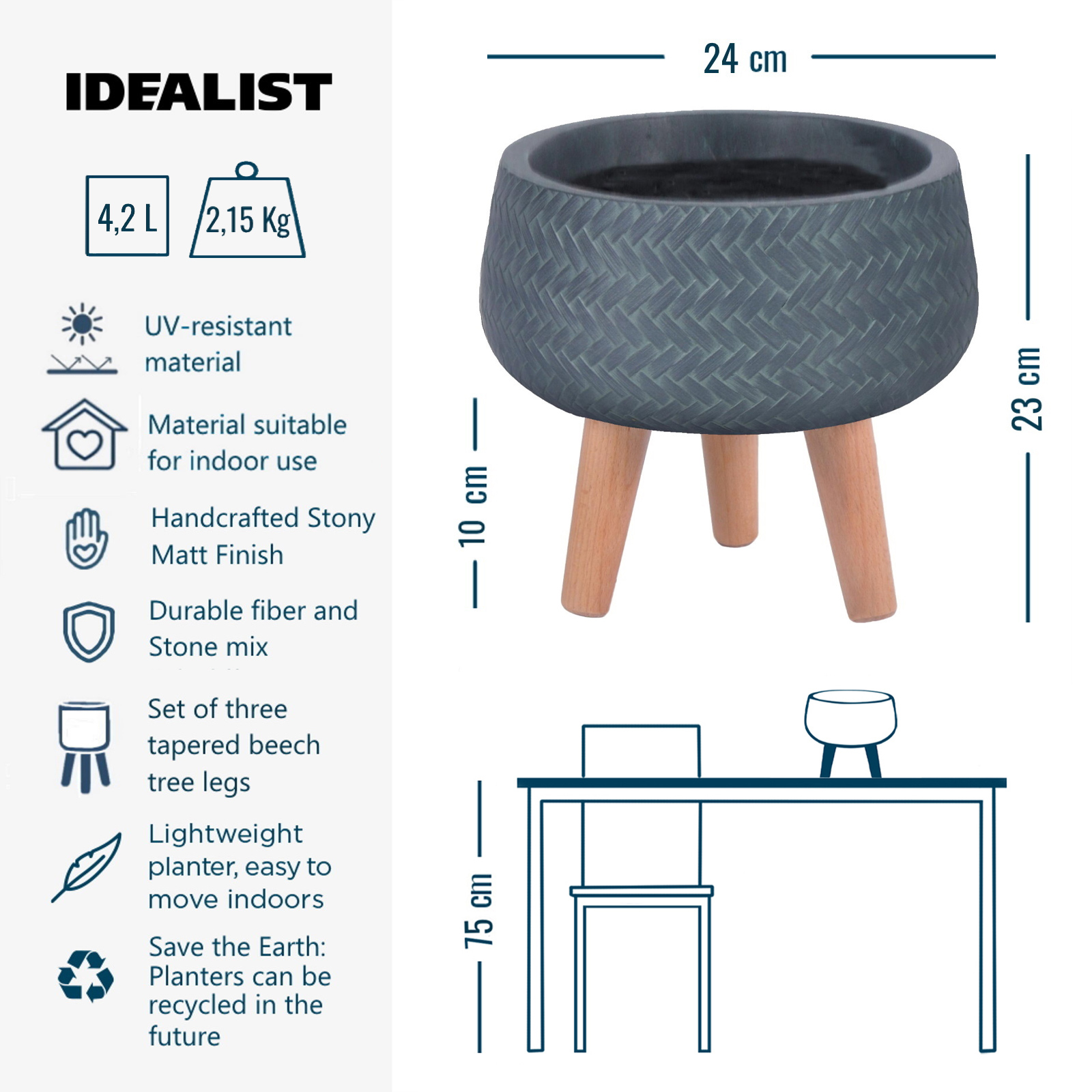 IDEALIST Lite Plaited Style Bowl Planter on Legs, Round Pot Plant Stand Indoor