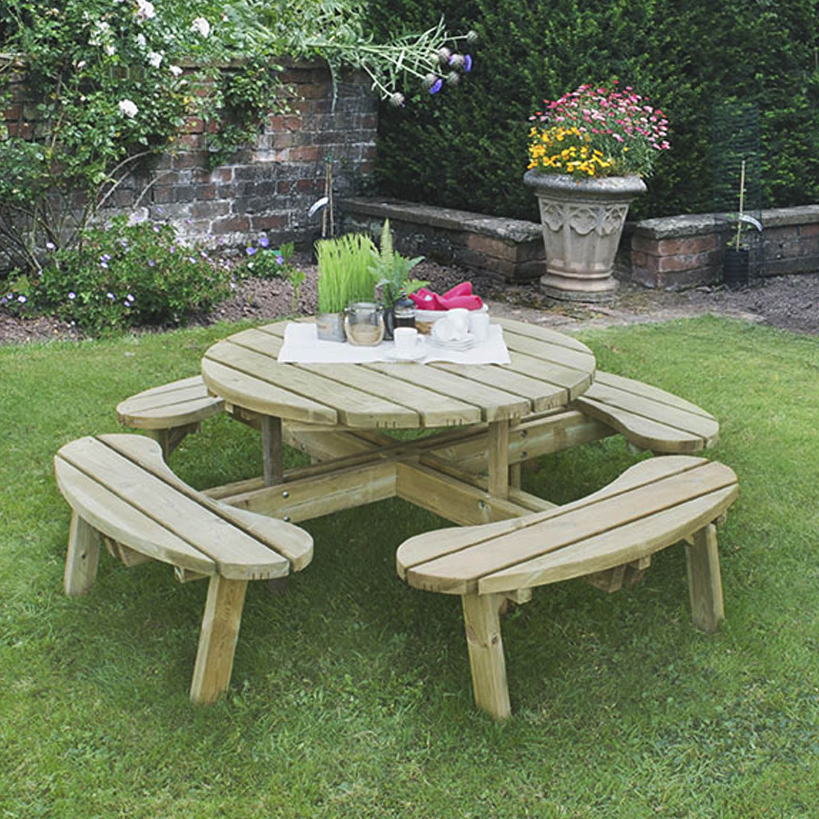 Outdoor Wooden Round Picnic Table by Forest Garden
