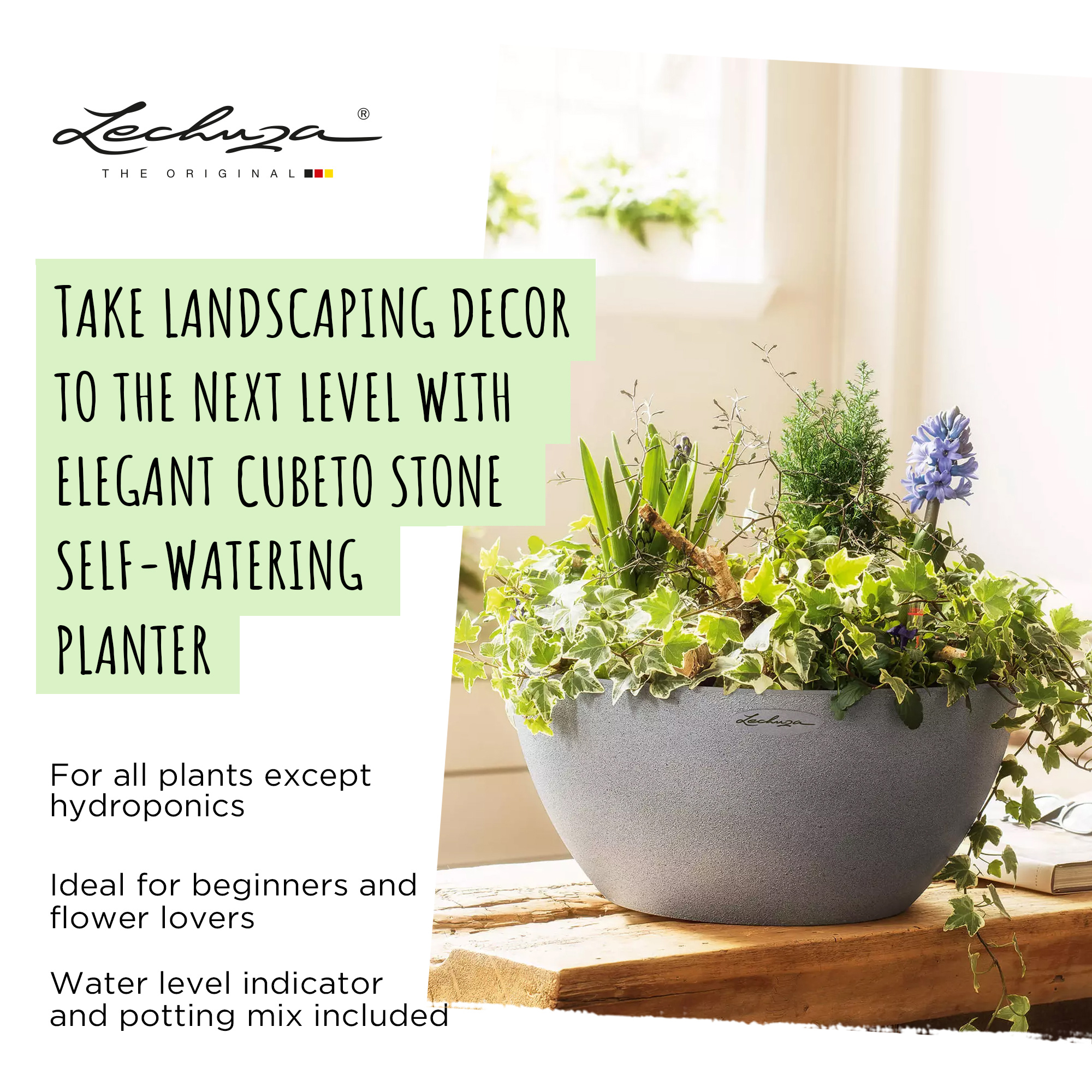 LECHUZA CUBETO COLOR Round Stone Look Poly Resin Self-watering Planter