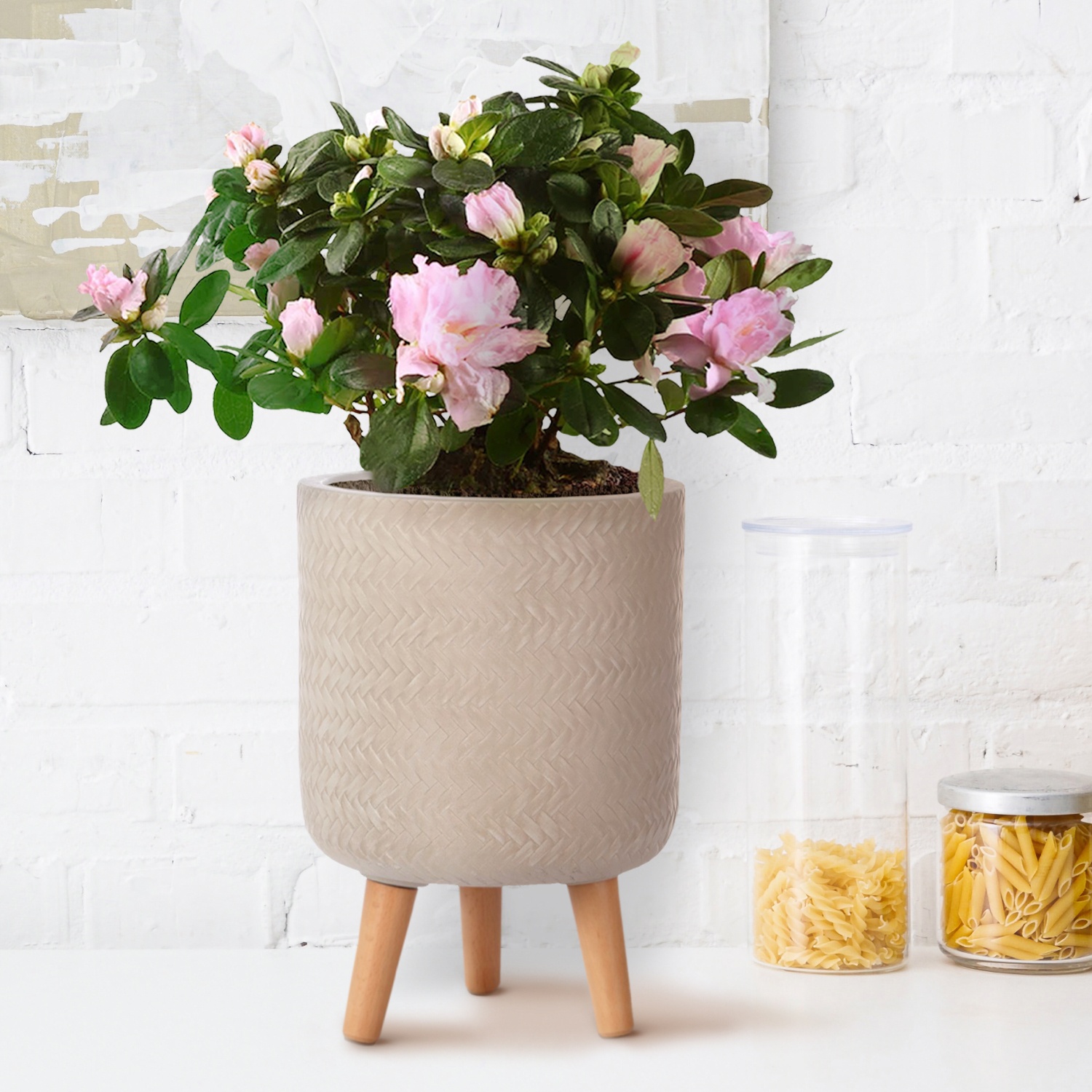 IDEALIST Lite Plaited Style Cylinder Planter on Legs, Round Pot Plant Stand Indoor