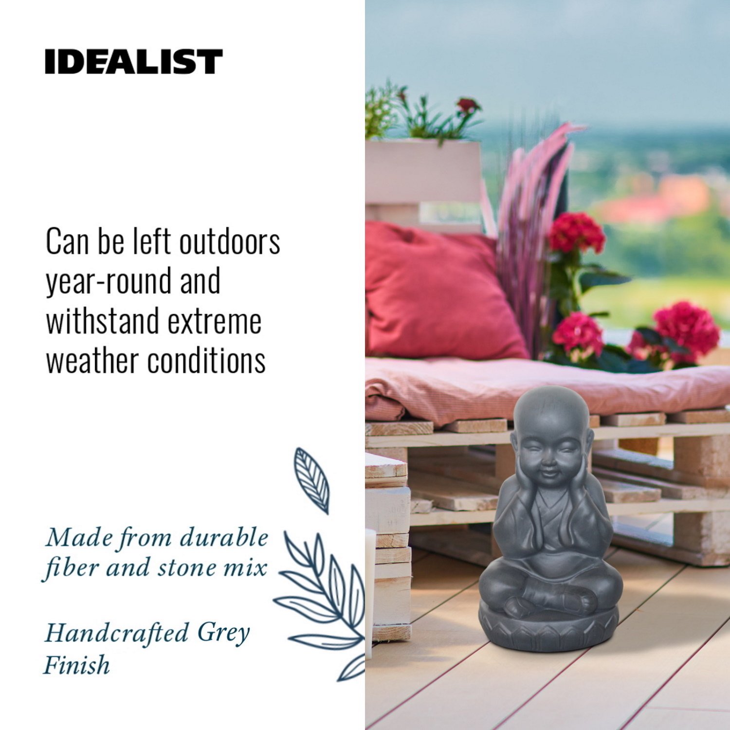 IDEALIST Lite Sitting Baby Monk Grey Indoor and Outdoor Statue L20 W17 H35 cm