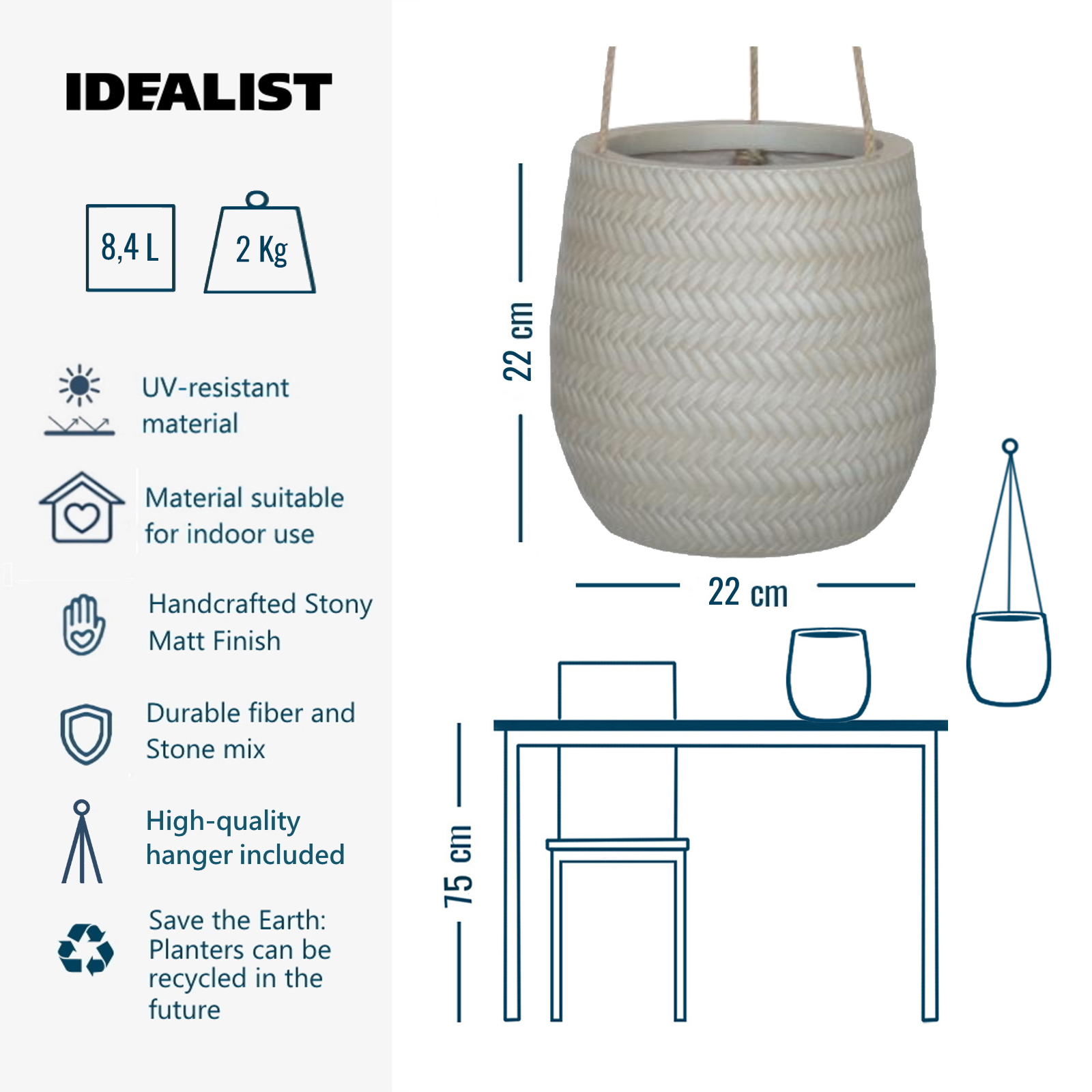 IDEALIST Lite Plaited Style Table and Hanging Plant Pot Dual Use Indoor Egg Planter