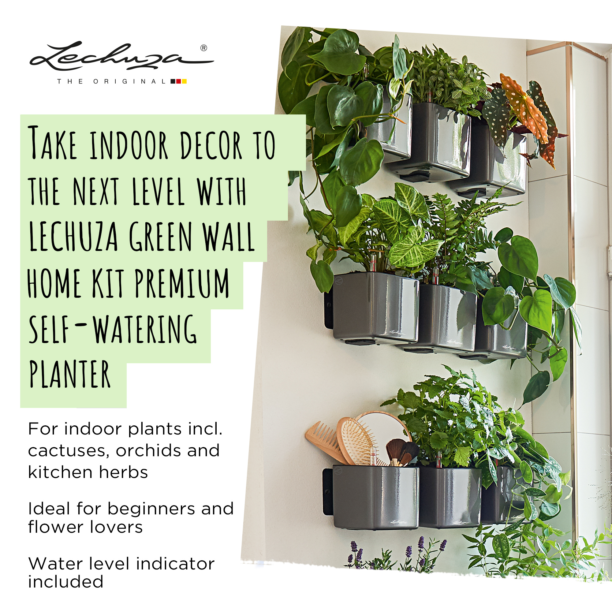 LECHUZA Green Wall Home Kit Glossy Indoor Self-watering Planter